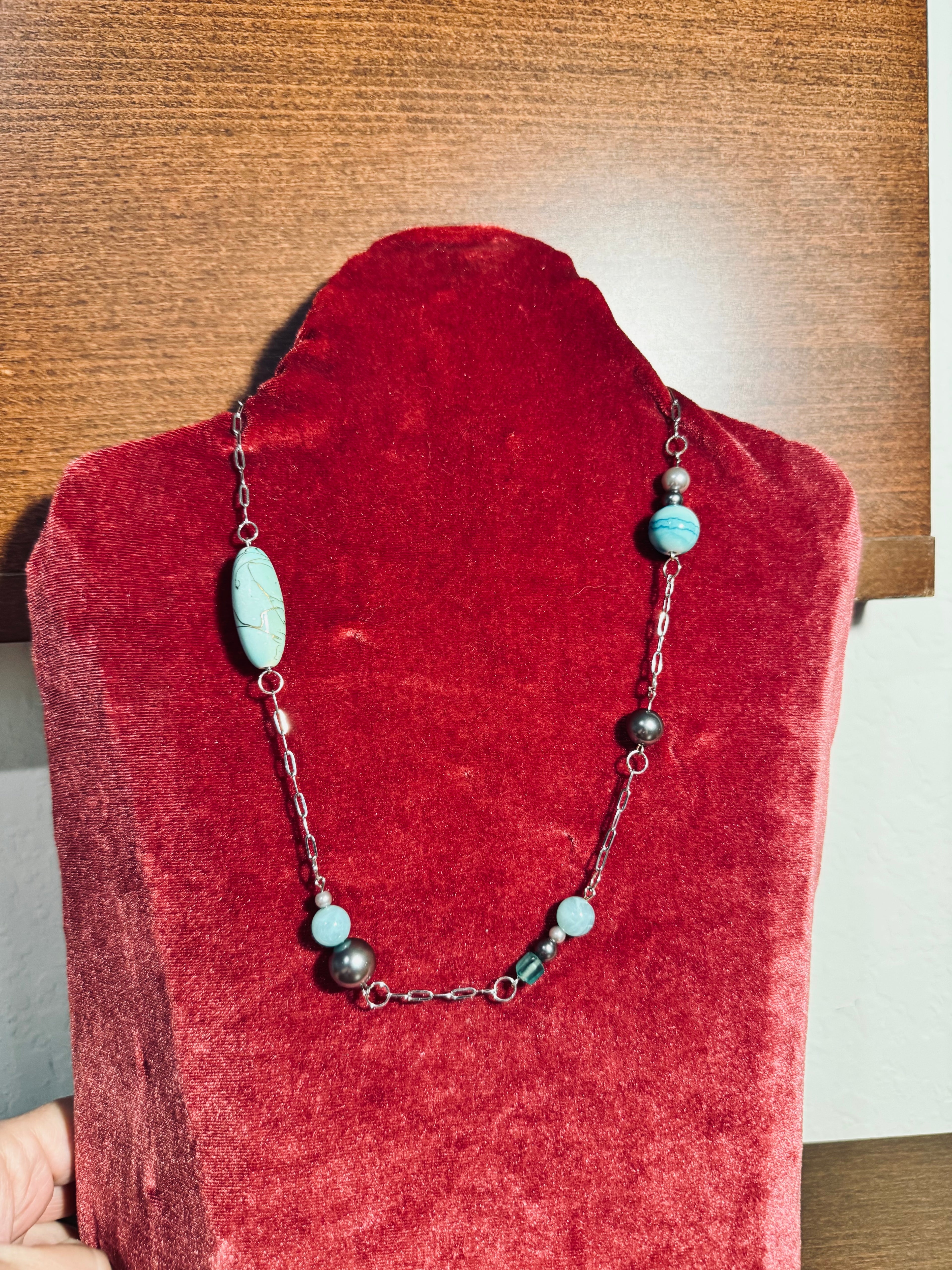 Handcrafted Pearl, Agate, & Aquamarine Quartz Statement Necklace – Upcycled Eco-Friendly Jewelry