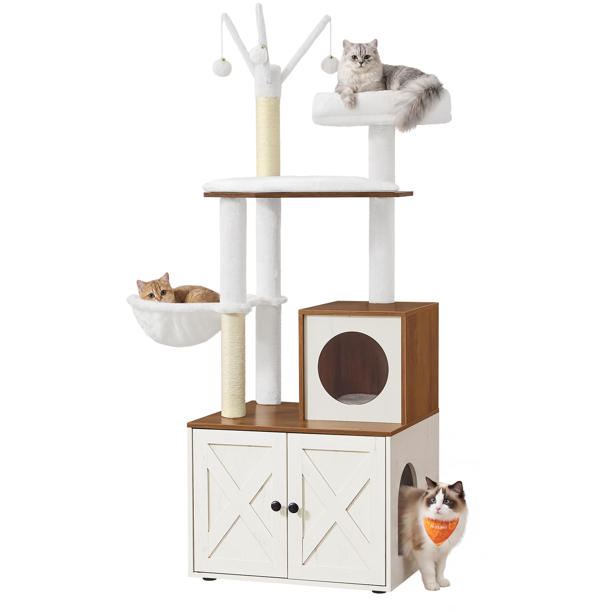Feandrea Cat Tree with Litter Box Enclosure, 59-Inch Modern Cat Tower, 2-in-1 Condo with Scratching Posts, Washable Removable Cushion