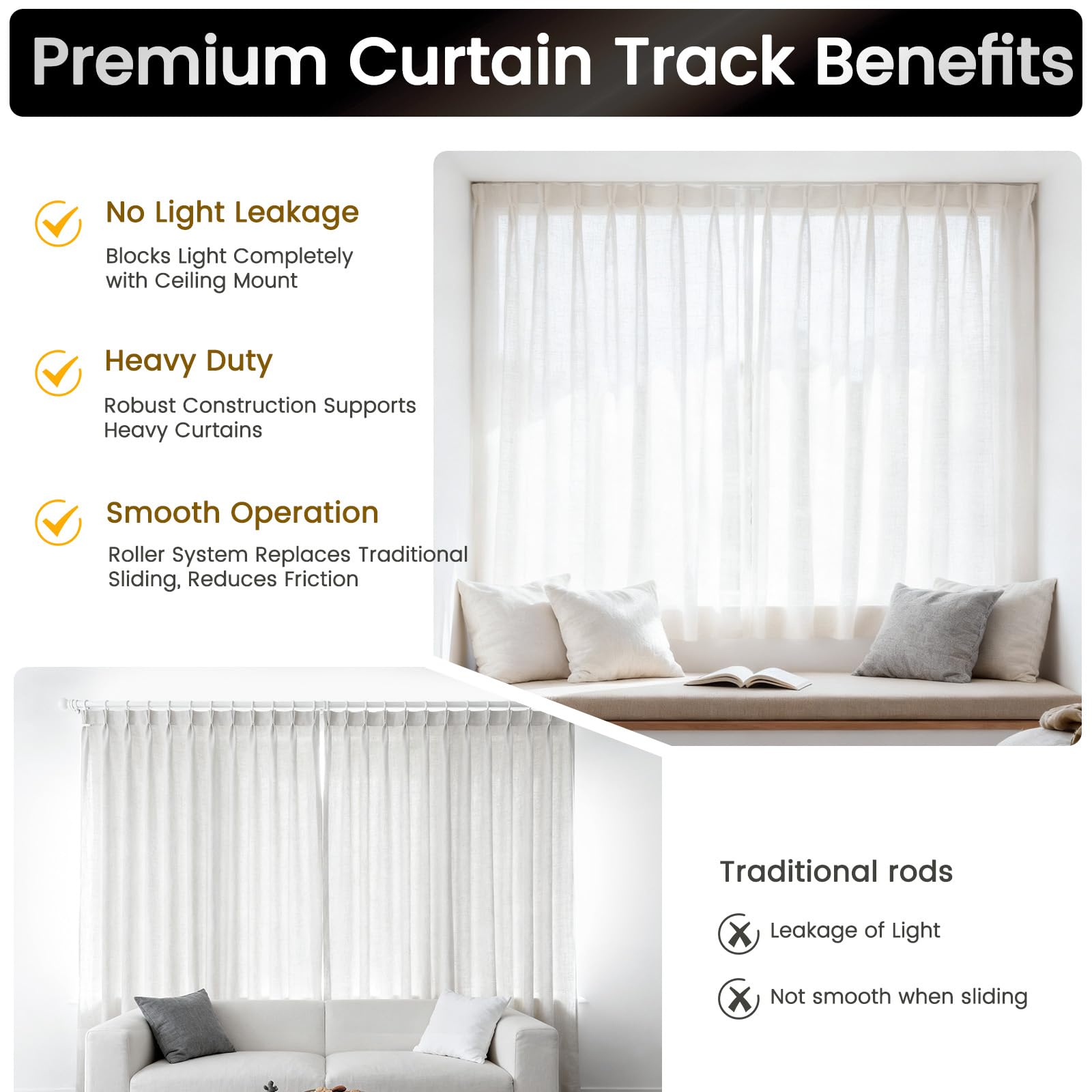 Aluminum Ceiling Curtain Track Set with 3 Types of Hooks, Adjustable Ceiling/Wall Mount Room Divider Curtain Rail System for Living Room, Bedroom