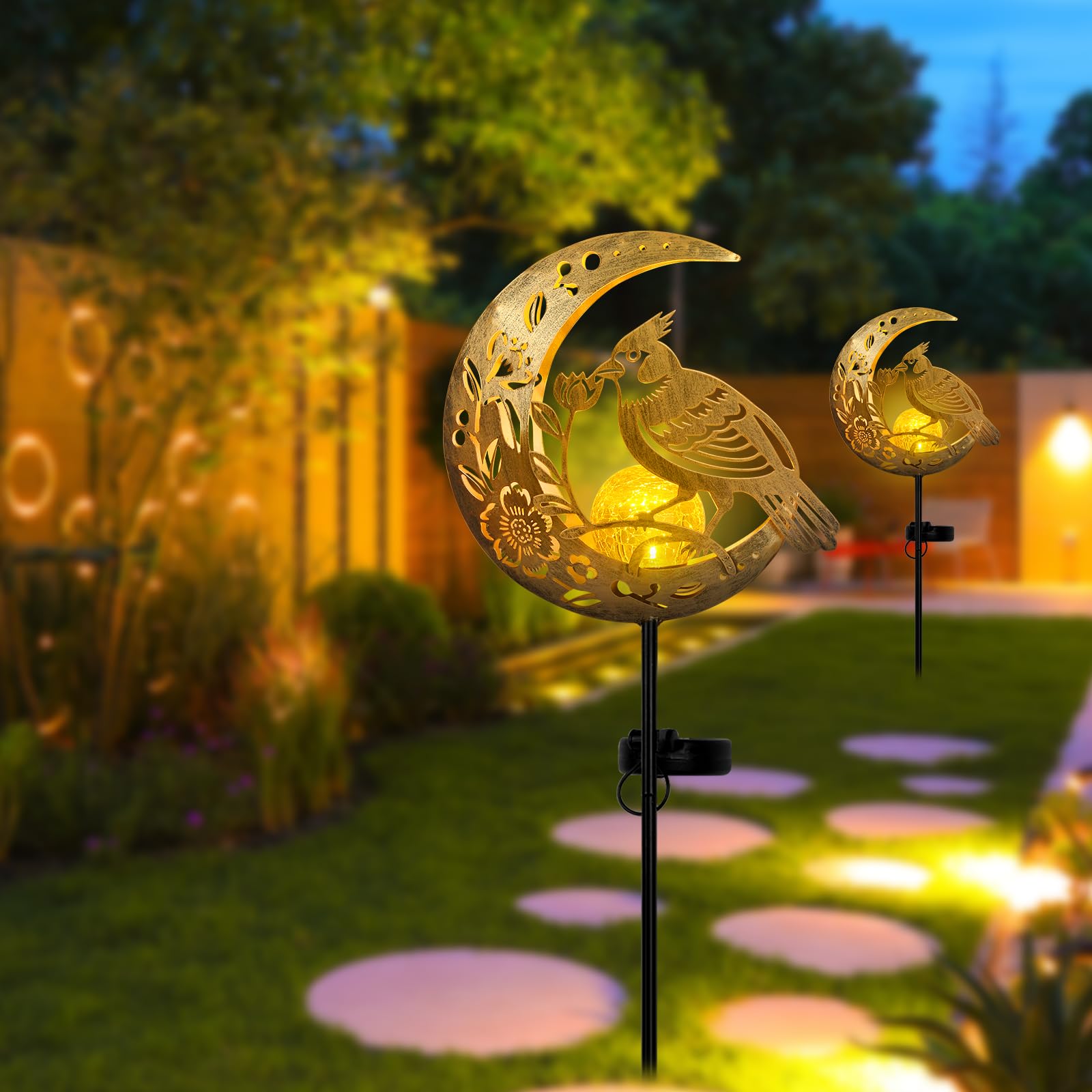 JOBOSI Solar Moon Cardinals Garden Light, Moving Moon & Cardinals Stake Decor for Yard, Lawn, Gifts for Women Mom Grandma, Christmas, New Year Decor Gift