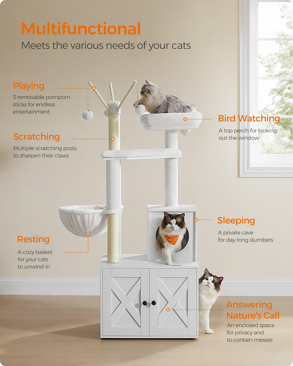 Feandrea Cat Tree with Litter Box Enclosure, 59-Inch Modern Cat Tower, 2-in-1 Condo with Scratching Posts, Washable Removable Cushion
