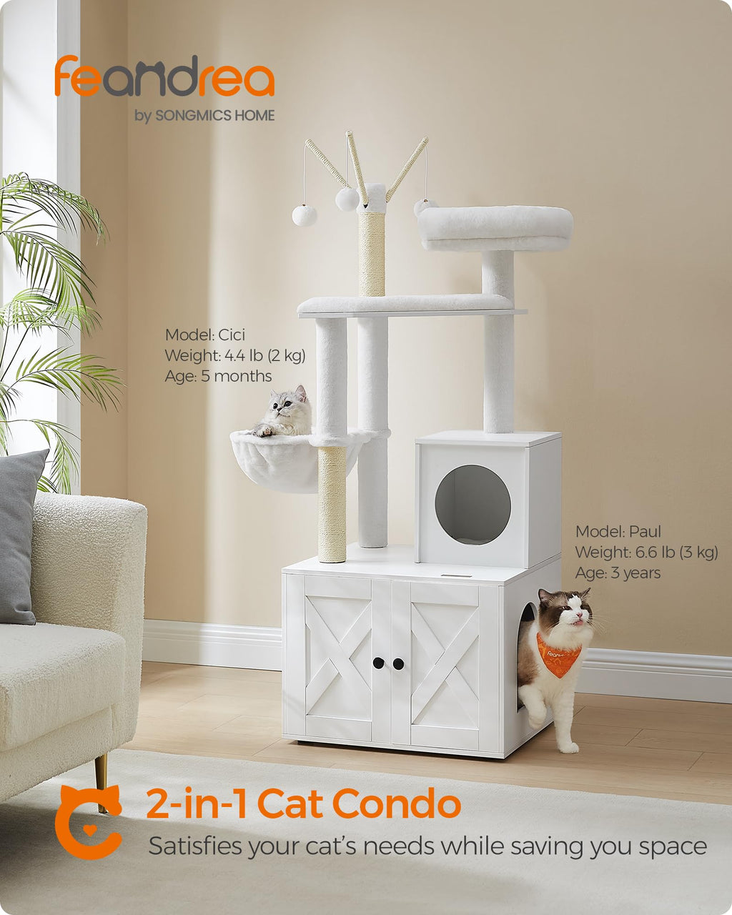 Feandrea Cat Tree with Litter Box Enclosure, 59-Inch Modern Cat Tower, 2-in-1 Condo with Scratching Posts, Washable Removable Cushion