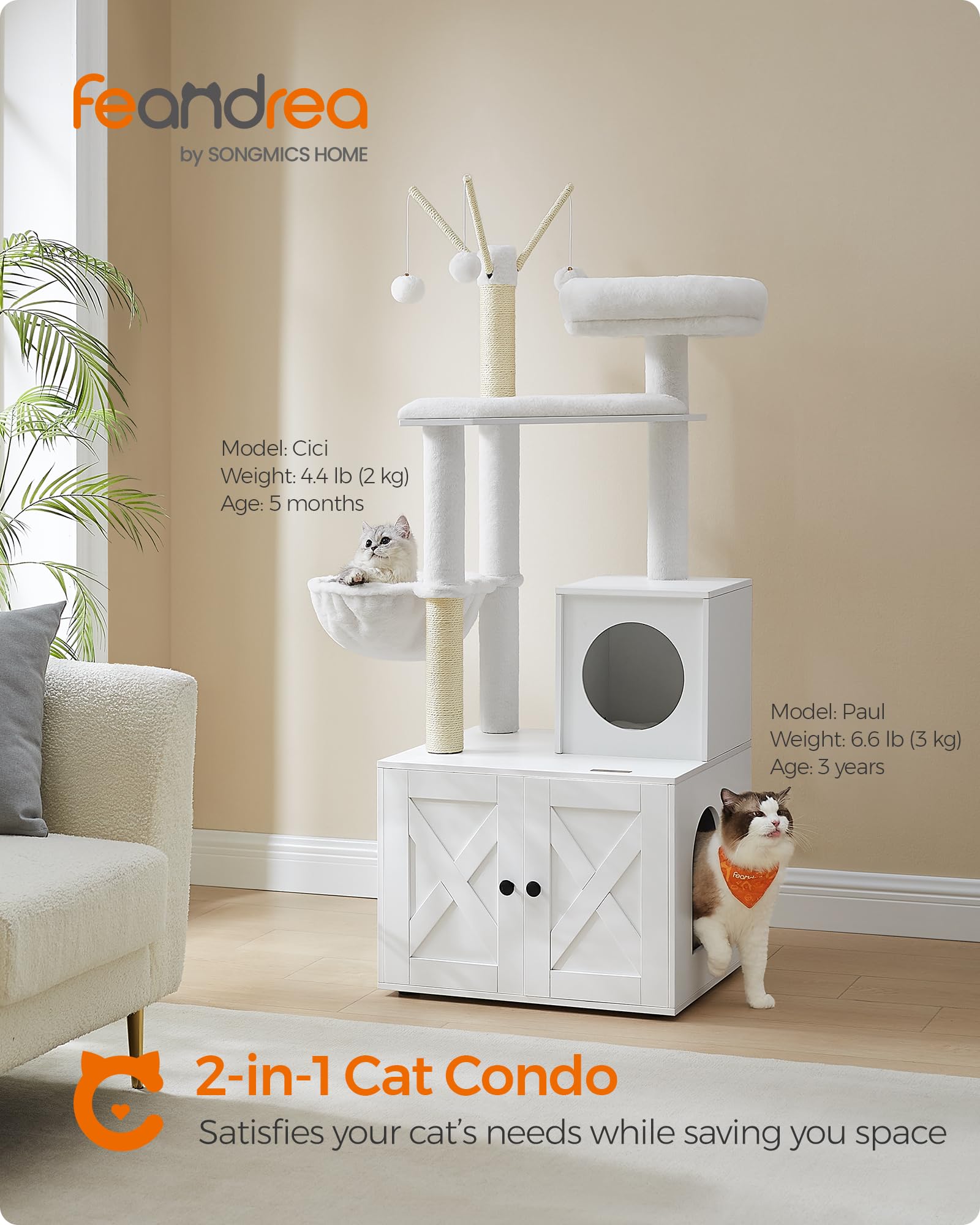Feandrea Cat Tree with Litter Box Enclosure, 59-Inch Modern Cat Tower, 2-in-1 Condo with Scratching Posts, Washable Removable Cushion
