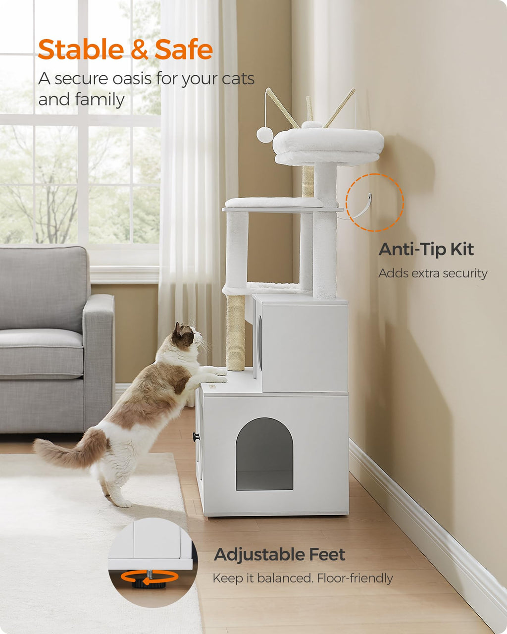 Feandrea Cat Tree with Litter Box Enclosure, 59-Inch Modern Cat Tower, 2-in-1 Condo with Scratching Posts, Washable Removable Cushion