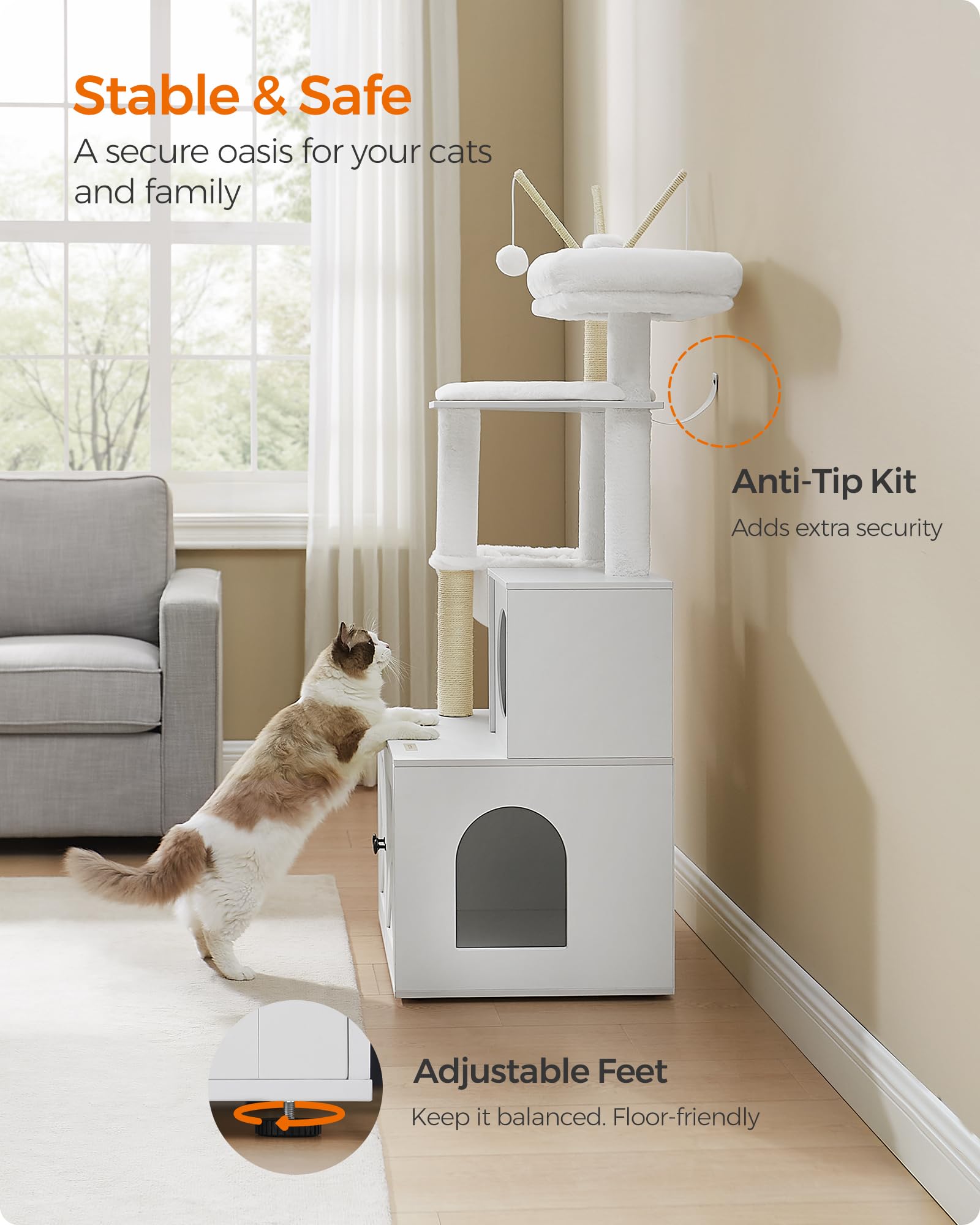 Feandrea Cat Tree with Litter Box Enclosure, 59-Inch Modern Cat Tower, 2-in-1 Condo with Scratching Posts, Washable Removable Cushion