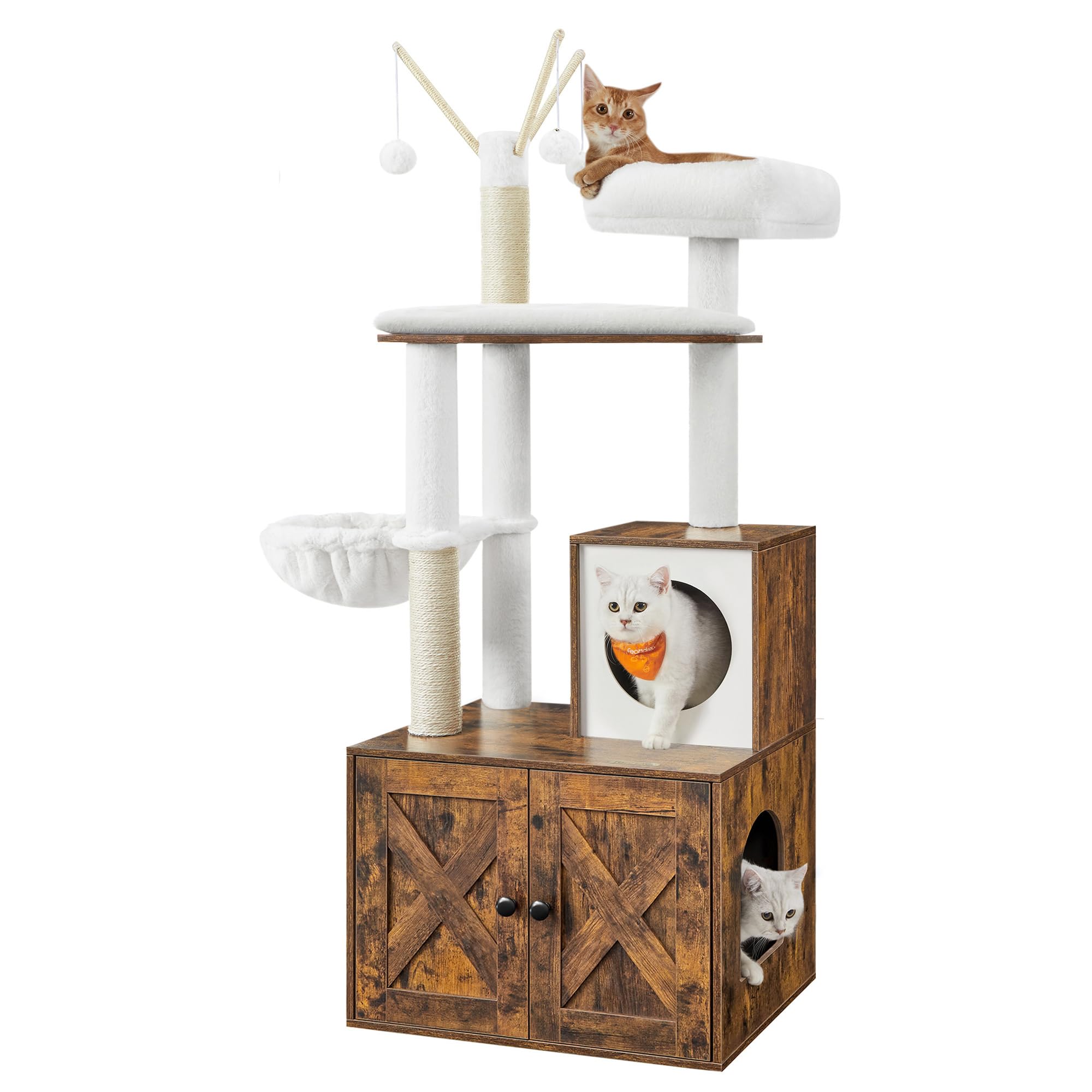 Feandrea Cat Tree with Litter Box Enclosure, 59-Inch Modern Cat Tower, 2-in-1 Condo with Scratching Posts, Washable Removable Cushion