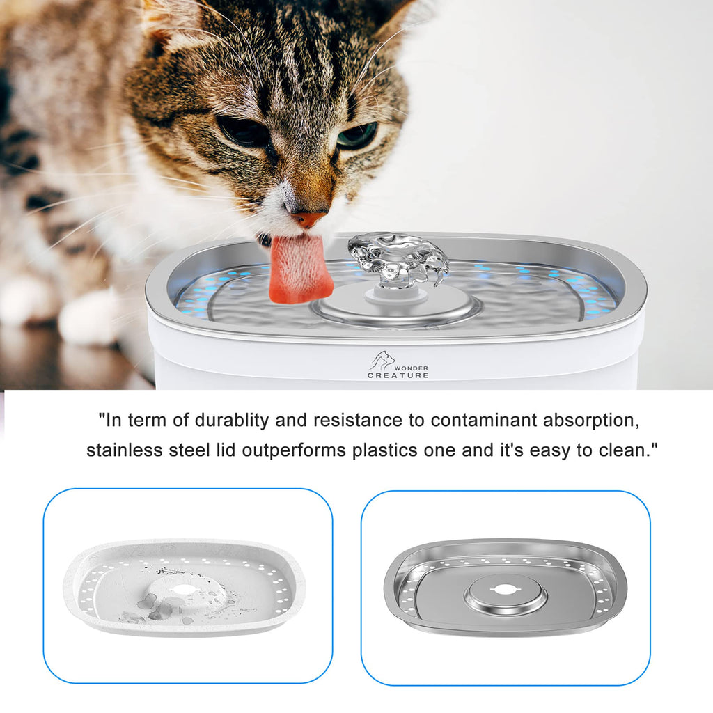 Wonder Creature Cat Water Fountain Stainless Steel, Cat Fountain with Water Level Window and LED Light for Water Shortage Alert