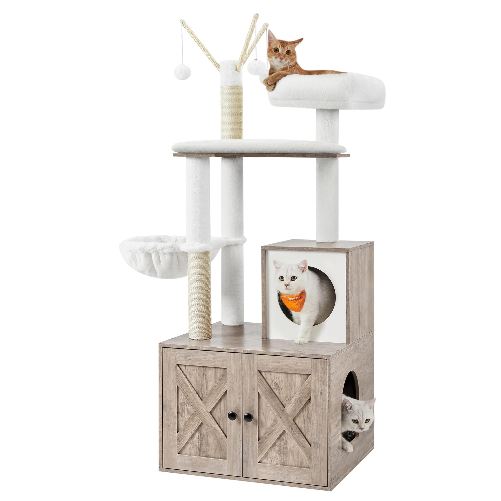 Feandrea Cat Tree with Litter Box Enclosure, 59-Inch Modern Cat Tower, 2-in-1 Condo with Scratching Posts, Washable Removable Cushion