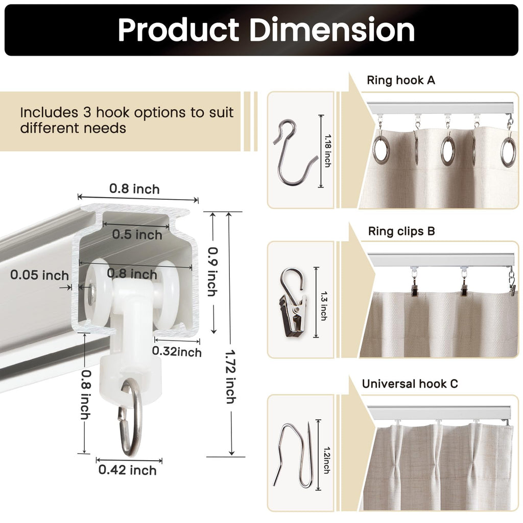 Aluminum Ceiling Curtain Track Set with 3 Types of Hooks, Adjustable Ceiling/Wall Mount Room Divider Curtain Rail System for Living Room, Bedroom