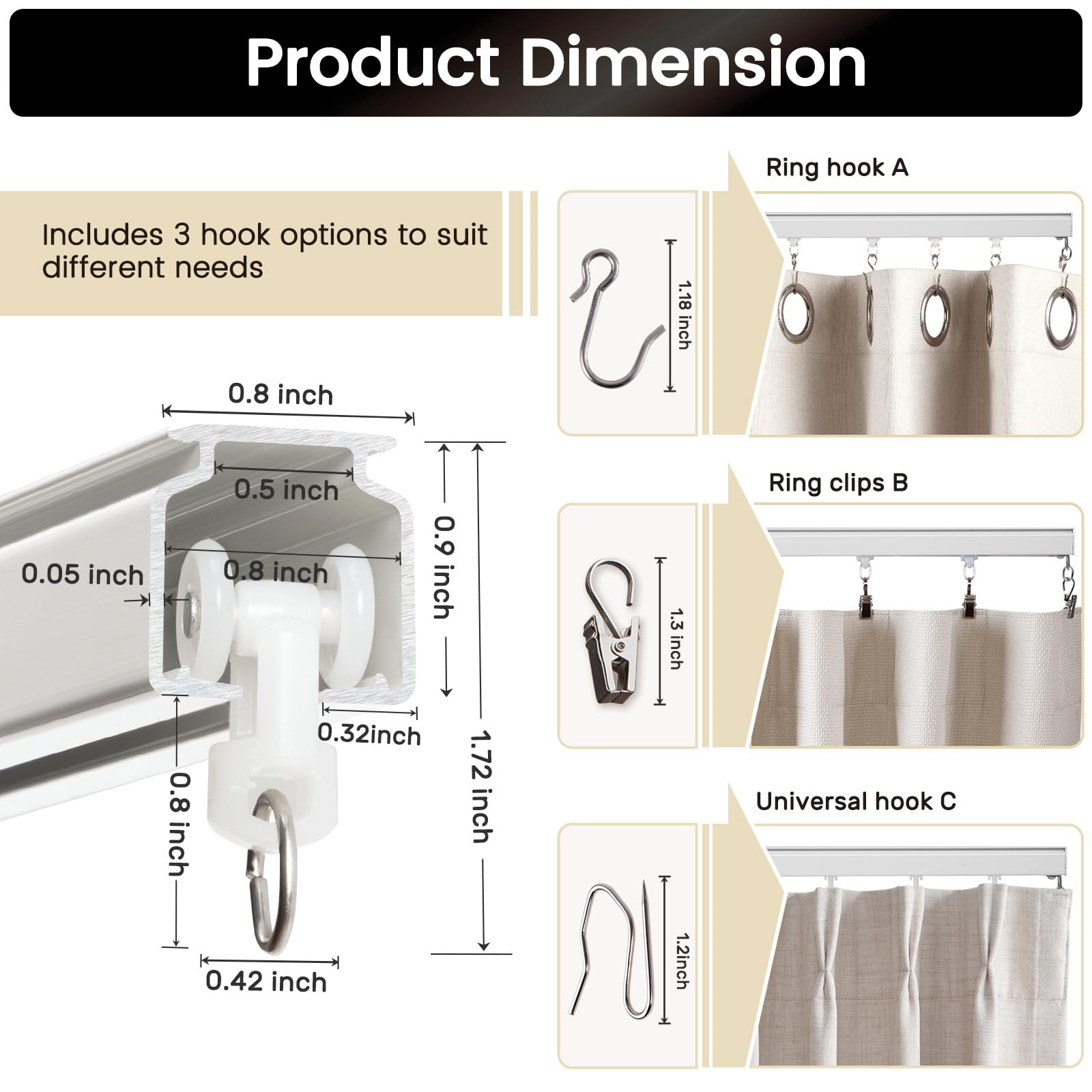 Aluminum Ceiling Curtain Track Set with 3 Types of Hooks, Adjustable Ceiling/Wall Mount Room Divider Curtain Rail System for Living Room, Bedroom