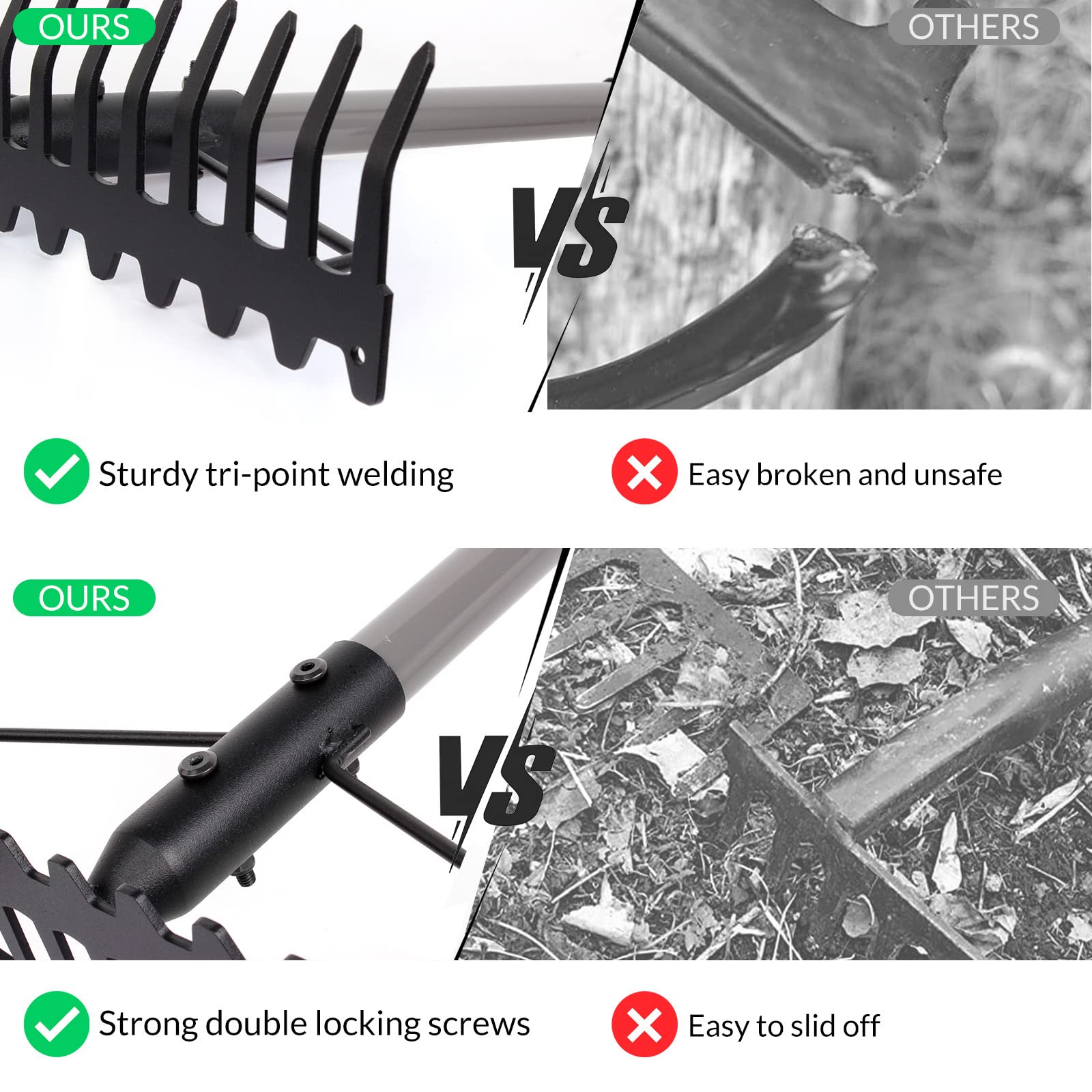 Walensee 5.4FT Bow Rake Heavy Duty Garden Rake with Stainless Steel Handle, 17 Steel Tines Garden Tool for Loosening Soil Gathering Leaf Leveling Lawn Farming Land Management Yarn Thatch Rakes