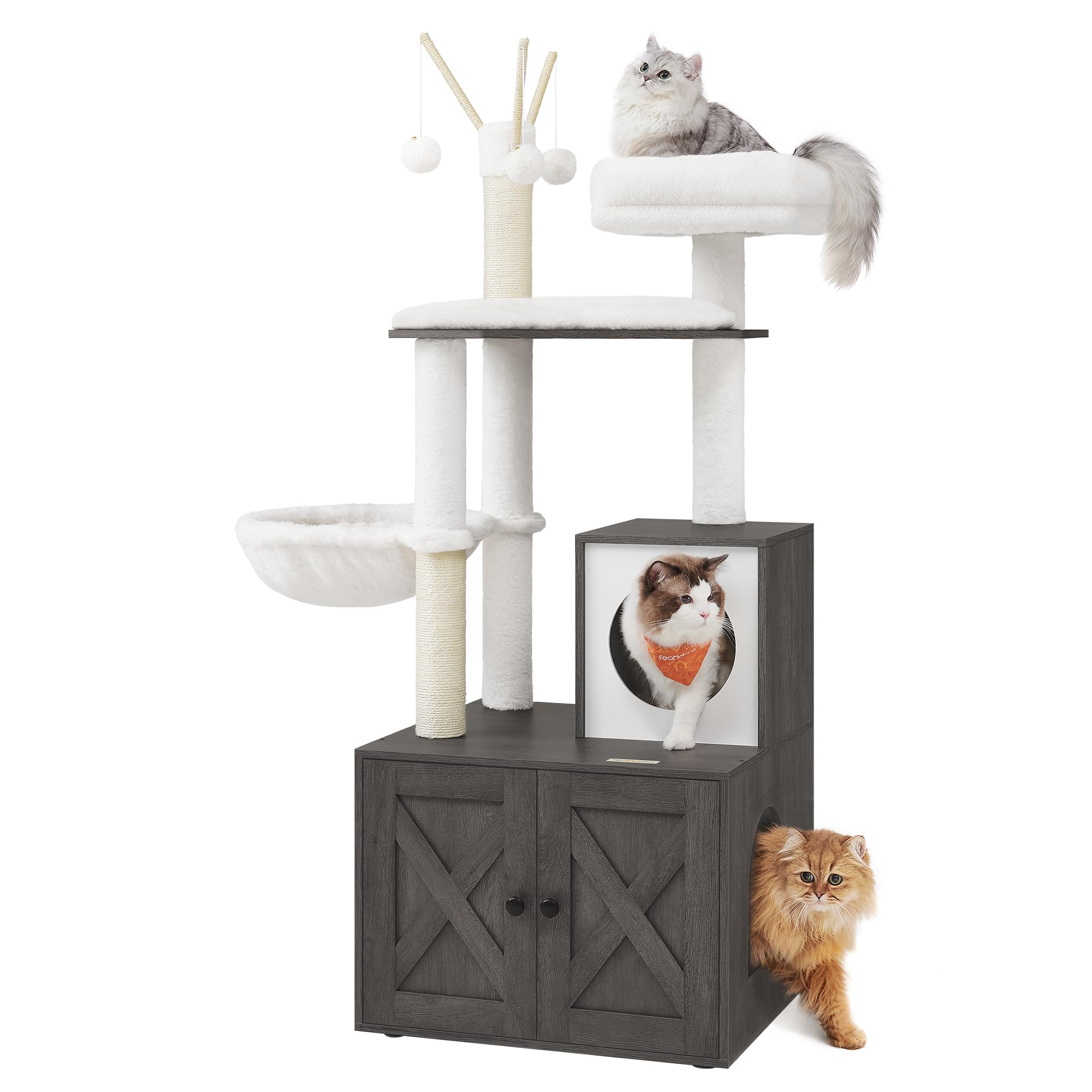 Feandrea Cat Tree with Litter Box Enclosure, 59-Inch Modern Cat Tower, 2-in-1 Condo with Scratching Posts, Washable Removable Cushion
