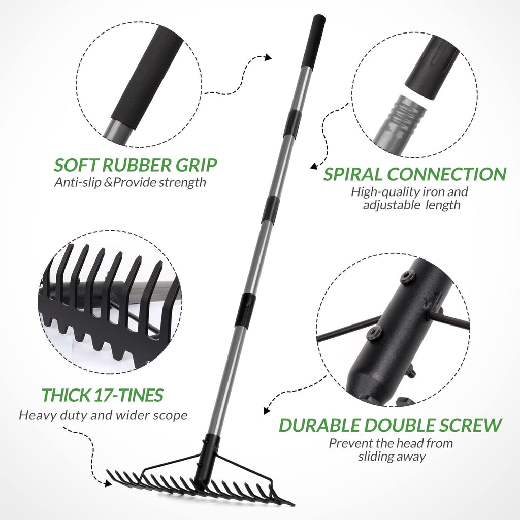 Walensee 5.4FT Bow Rake Heavy Duty Garden Rake with Stainless Steel Handle, 17 Steel Tines Garden Tool for Loosening Soil Gathering Leaf Leveling Lawn Farming Land Management Yarn Thatch Rakes