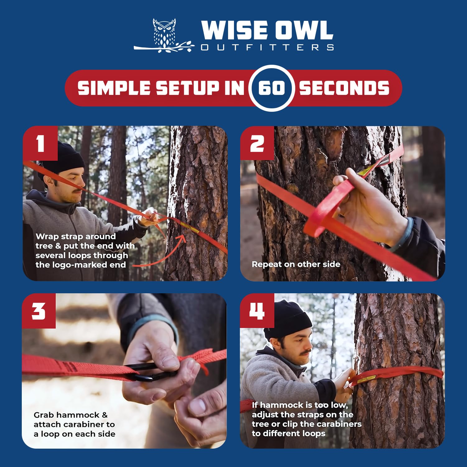 Wise Owl Outfitters Camping Hammock – 500lbs Portable Hammock with Tree Straps - Travel, Backpacking, Hiking, Outdoors Camping Gear - Single or Double