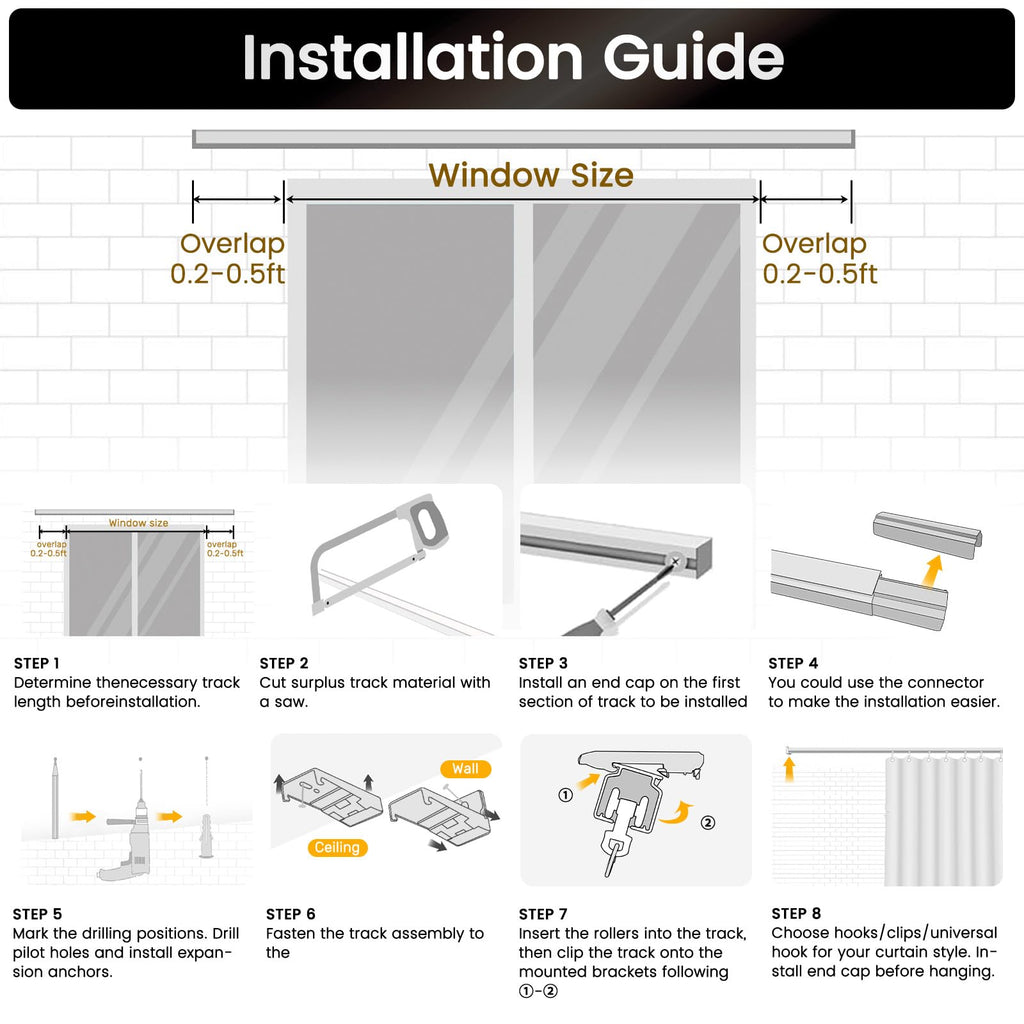 Aluminum Ceiling Curtain Track Set with 3 Types of Hooks, Adjustable Ceiling/Wall Mount Room Divider Curtain Rail System for Living Room, Bedroom