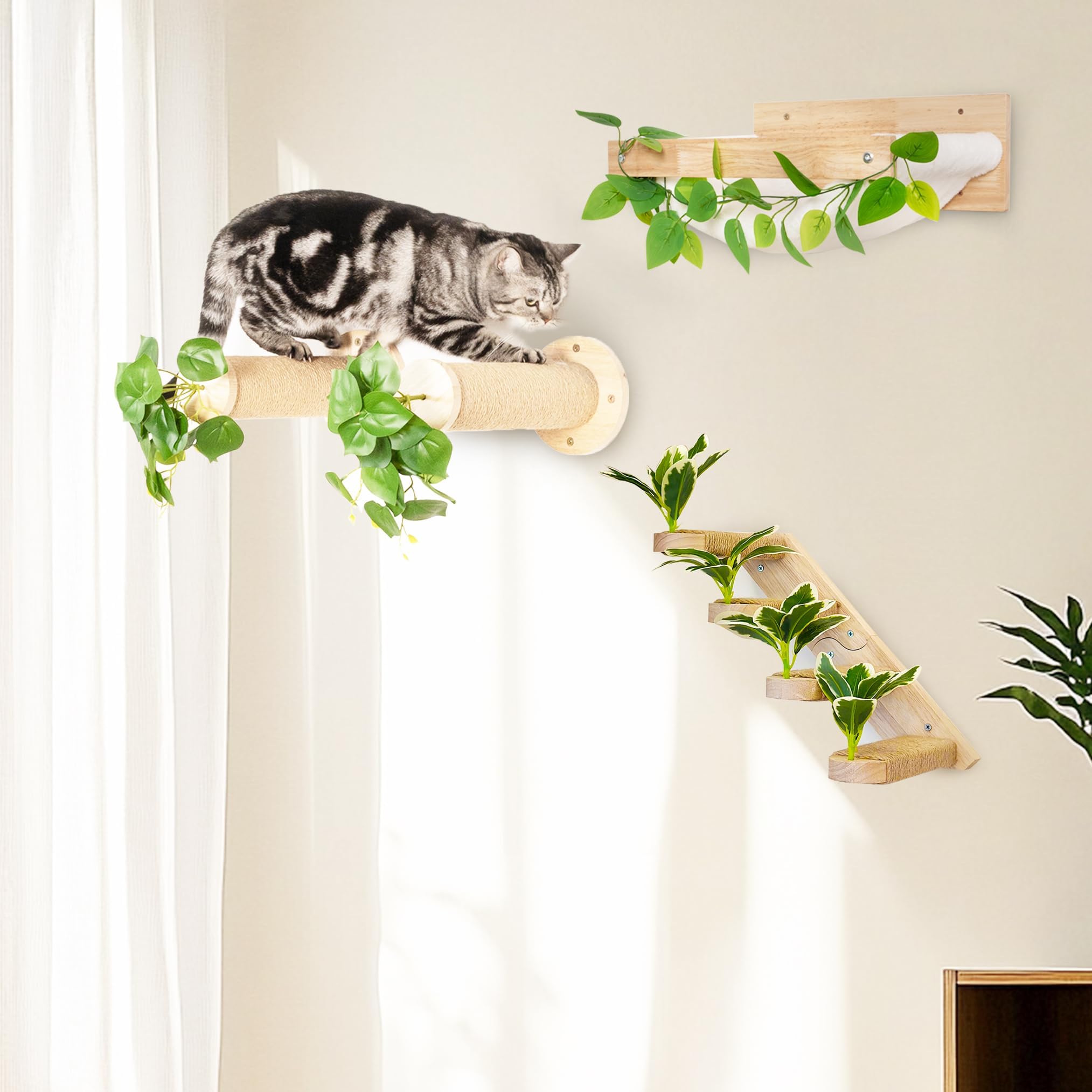 Meowoou Cat Wall Shelves with Leaves, 2 Platform Cat Wall Furniture, Cat Tree Shelves, Rubber Wood Wall Perch with Mat, Bridge for Climb, Nap, Play, Decor