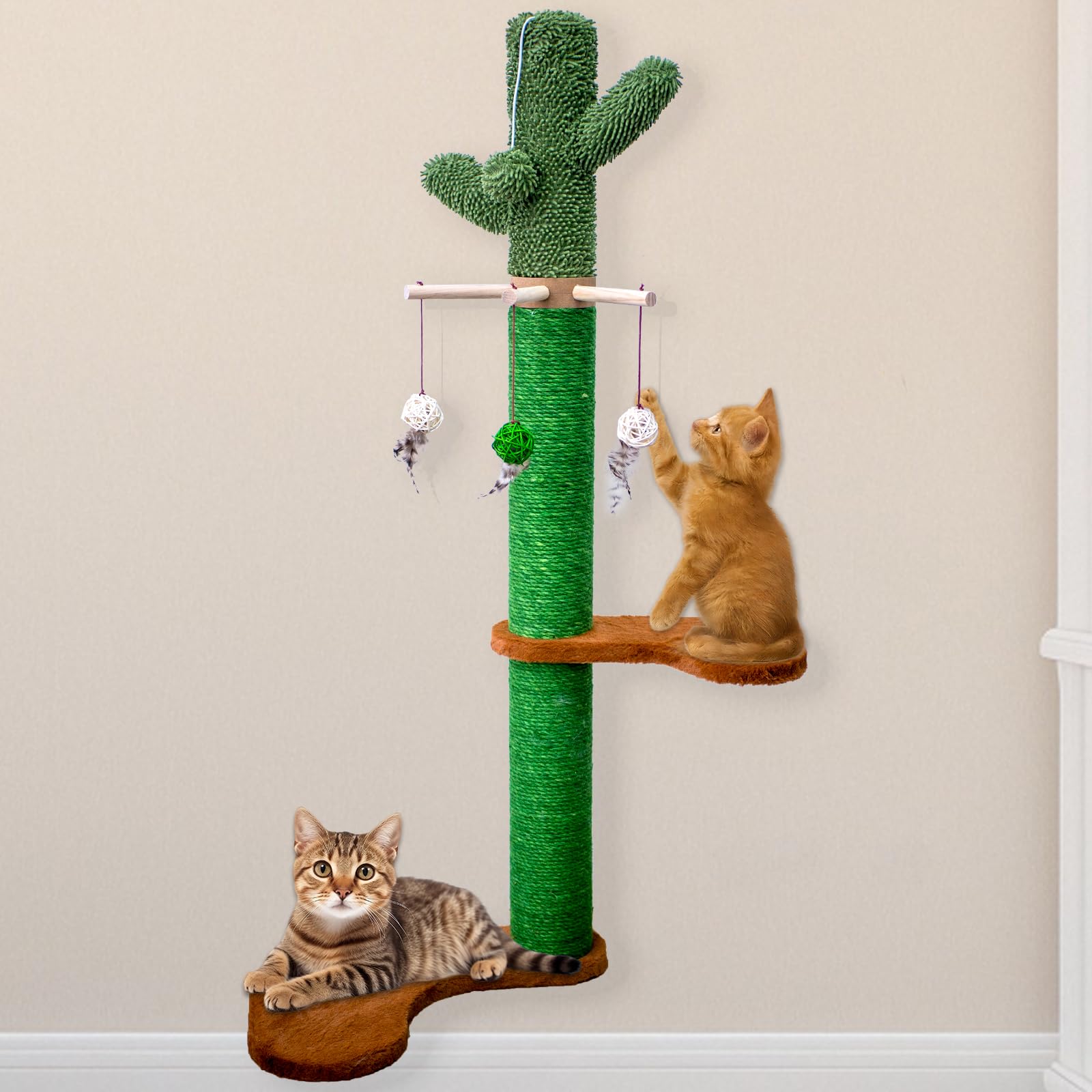 Meowoou Cat Wall Shelves with Leaves, 2 Platform Cat Wall Furniture, Cat Tree Shelves, Rubber Wood Wall Perch with Mat, Bridge for Climb, Nap, Play, Decor