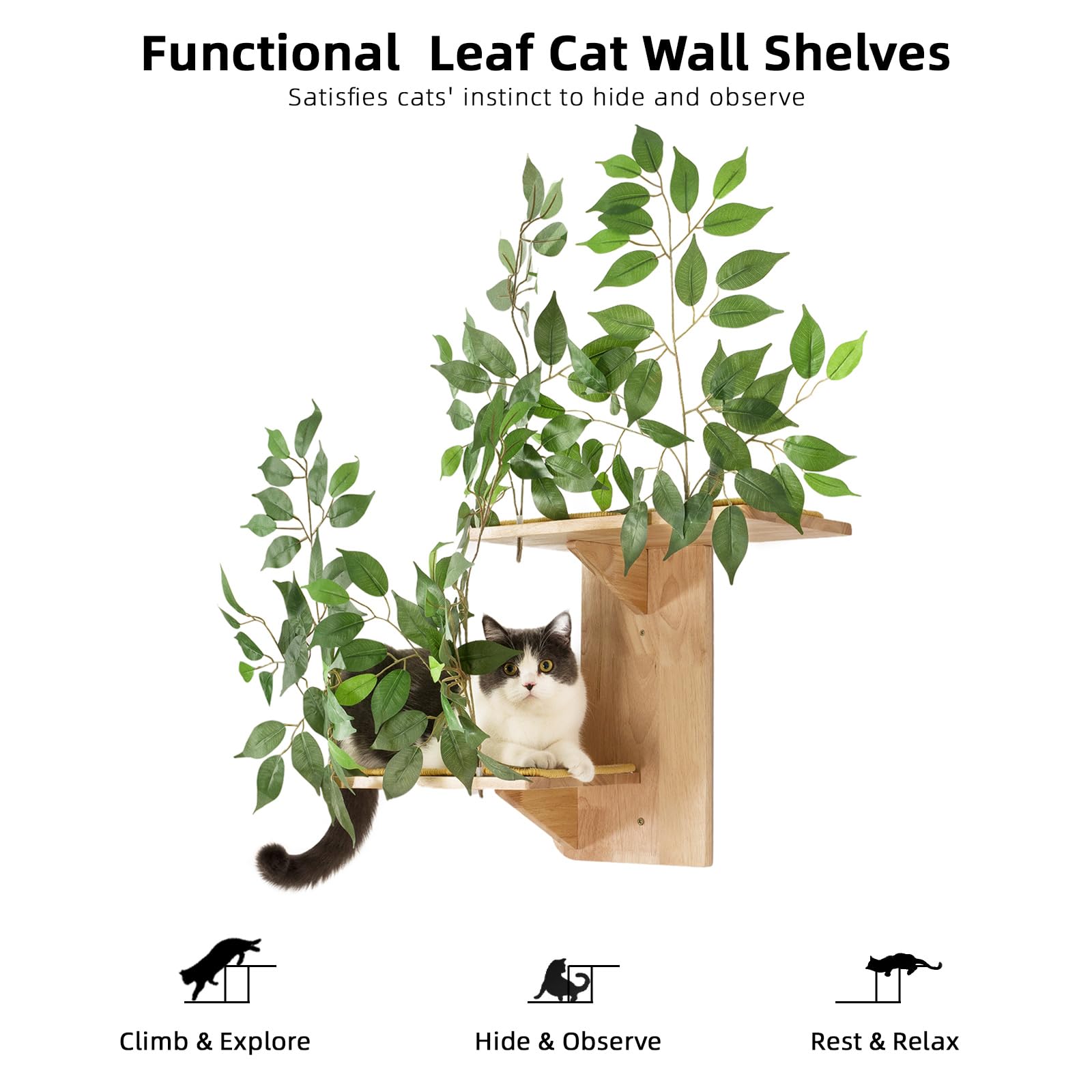 Meowoou Cat Wall Shelves with Leaves, 2 Platform Cat Wall Furniture, Cat Tree Shelves, Rubber Wood Wall Perch with Mat, Bridge for Climb, Nap, Play, Decor
