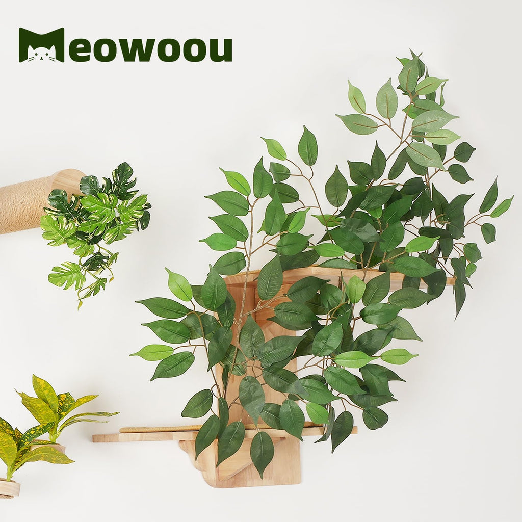 Meowoou Cat Wall Shelves with Leaves, 2 Platform Cat Wall Furniture, Cat Tree Shelves, Rubber Wood Wall Perch with Mat, Bridge for Climb, Nap, Play, Decor