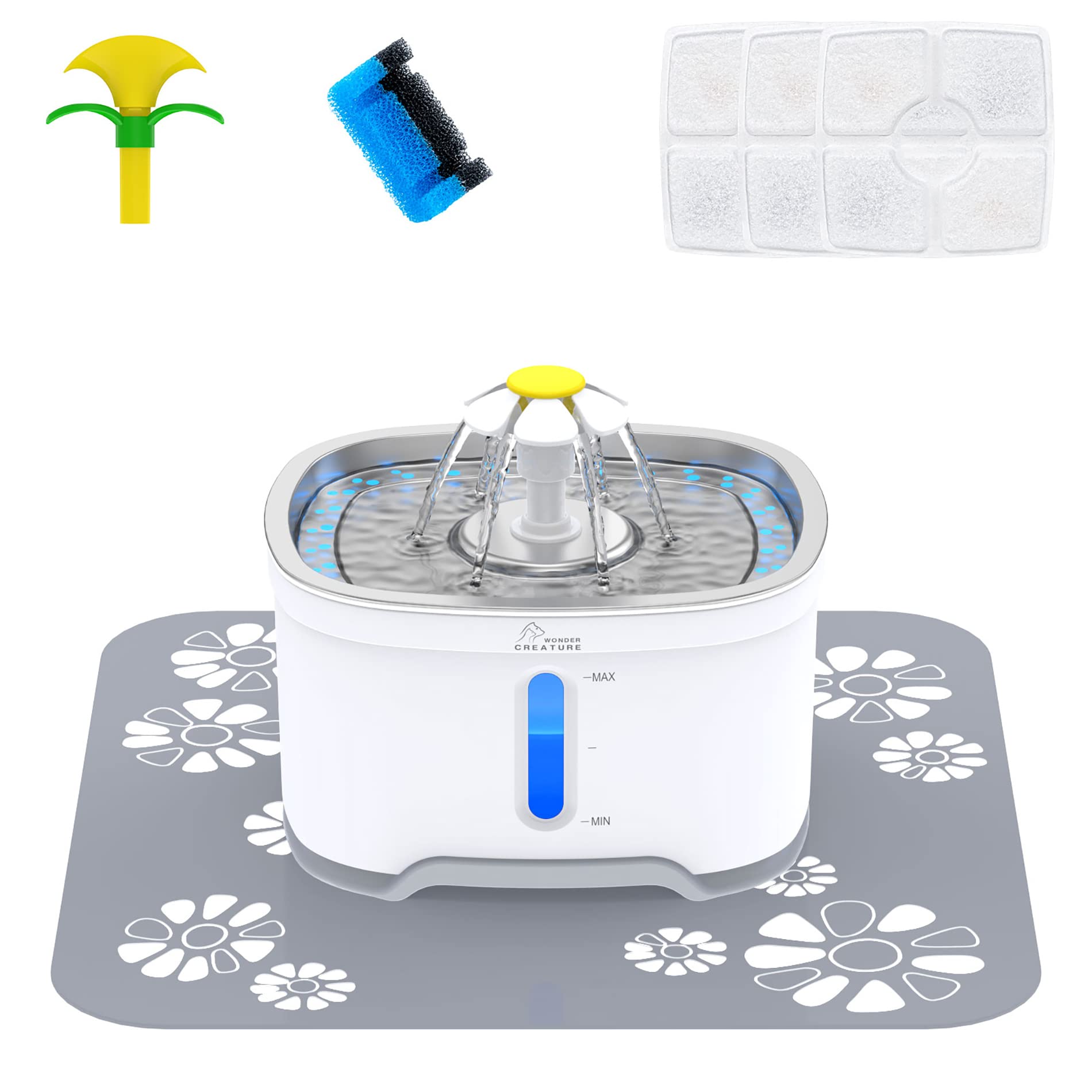 Wonder Creature Cat Water Fountain Stainless Steel, Cat Fountain with Water Level Window and LED Light for Water Shortage Alert