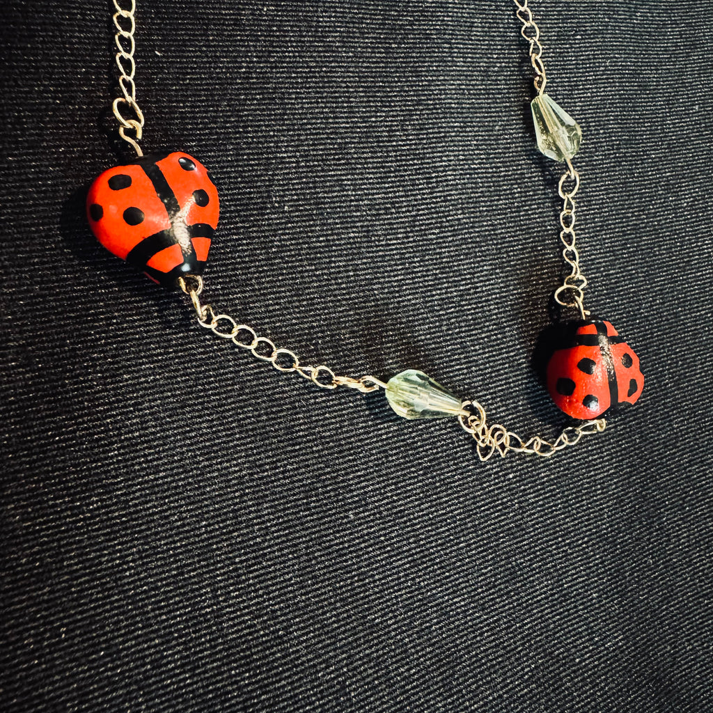 Whimsical Upcycled Ladybug Chain Necklace – Red and Black Hand-Painted Novelty Jewelry