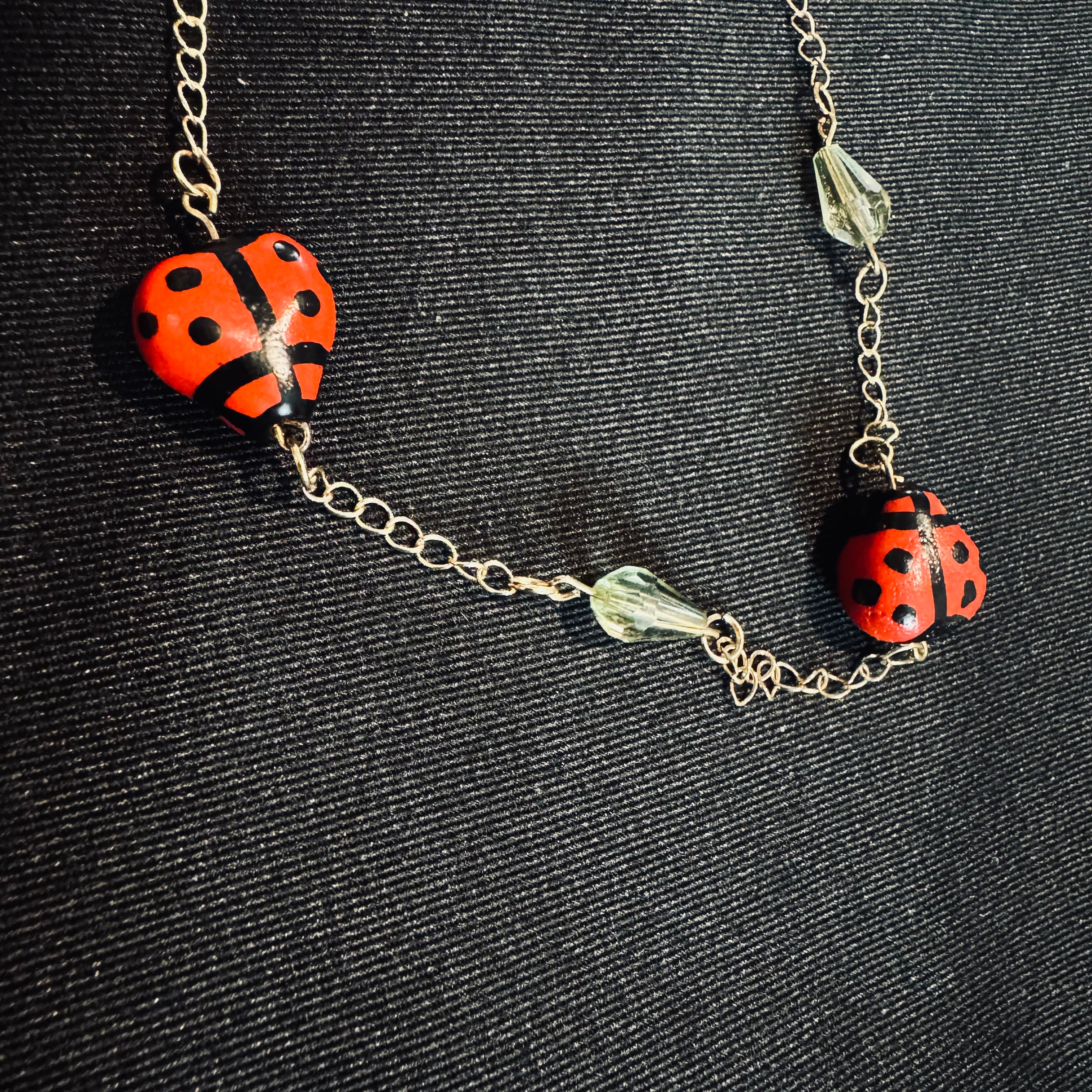 Whimsical Upcycled Ladybug Chain Necklace – Red and Black Hand-Painted Novelty Jewelry