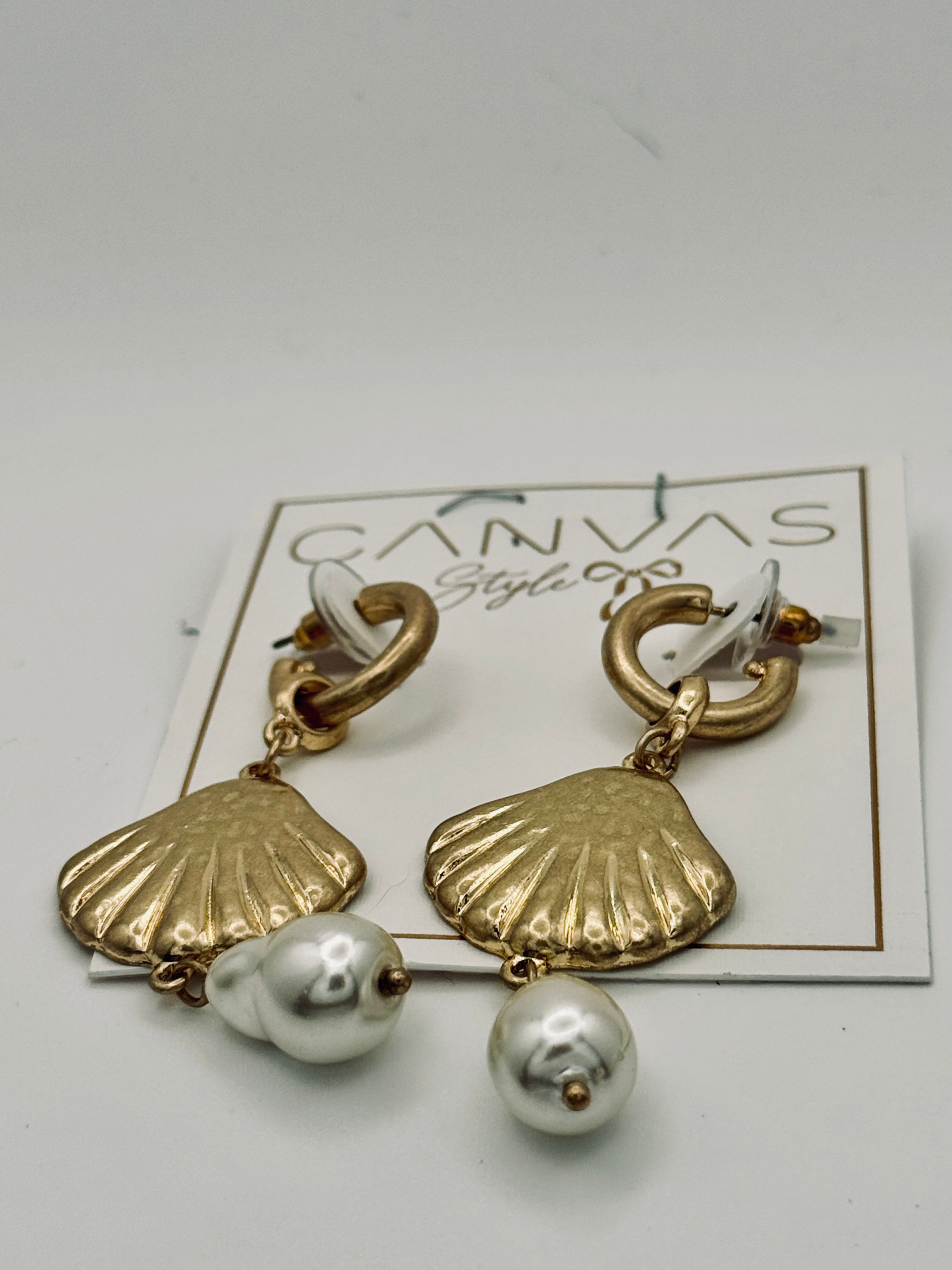 Gold Shell Pearl Drop Earrings - New, Complete Pair