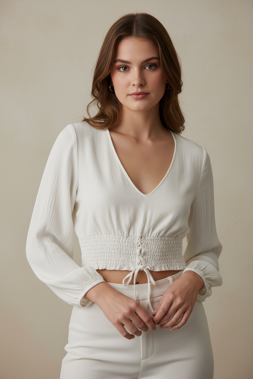 Hollister White Smocked, Lace-Up Tie-Front Keyhole-Back Long-Sleeve Crop-Top Boho Cottagecore Women’s Shirt Size M.