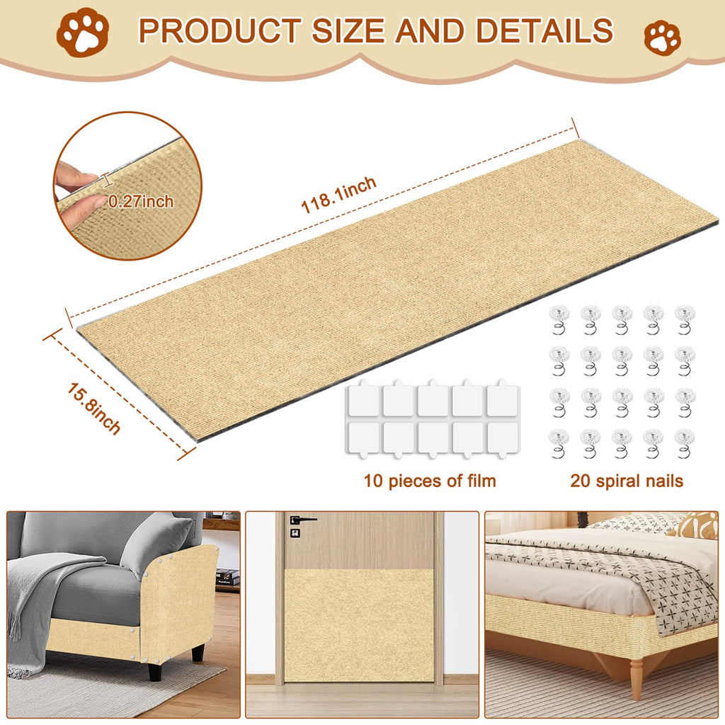 Cat Scratching Mat, 118.5"x15.9" Trimmable Self-Adhesive Cat Scratch Carpet, Couch Protector from Cats Claws, Furniture Corner Protectors for Cats, Indoor Furniture Protection for Chair