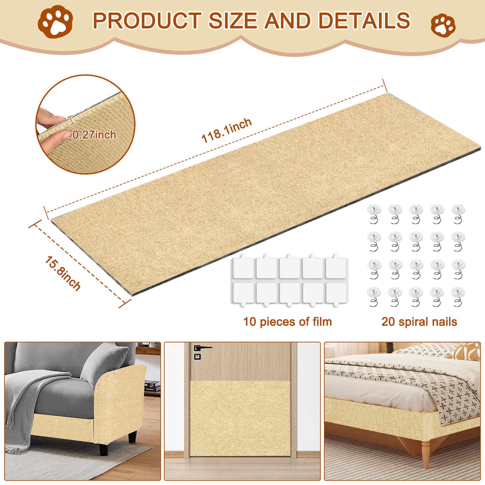 Cat Scratching Mat, 118.5"x15.9" Trimmable Self-Adhesive Cat Scratch Carpet, Couch Protector from Cats Claws, Furniture Corner Protectors for Cats, Indoor Furniture Protection for Chair