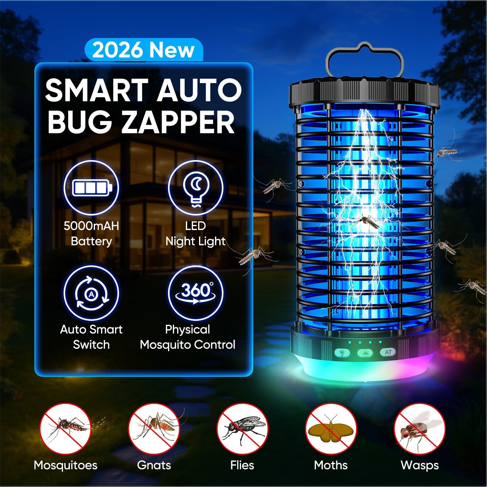Bug Zapper Outdoor, 2026 Upgraded 3 in 1 Rechargeable Bug Zapper with 5000mAh Battery & LED Night Light