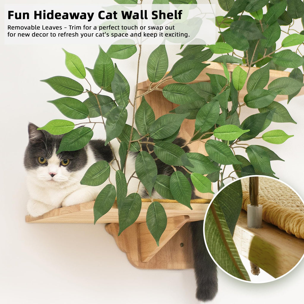 Meowoou Cat Wall Shelves with Leaves, 2 Platform Cat Wall Furniture, Cat Tree Shelves, Rubber Wood Wall Perch with Mat, Bridge for Climb, Nap, Play, Decor
