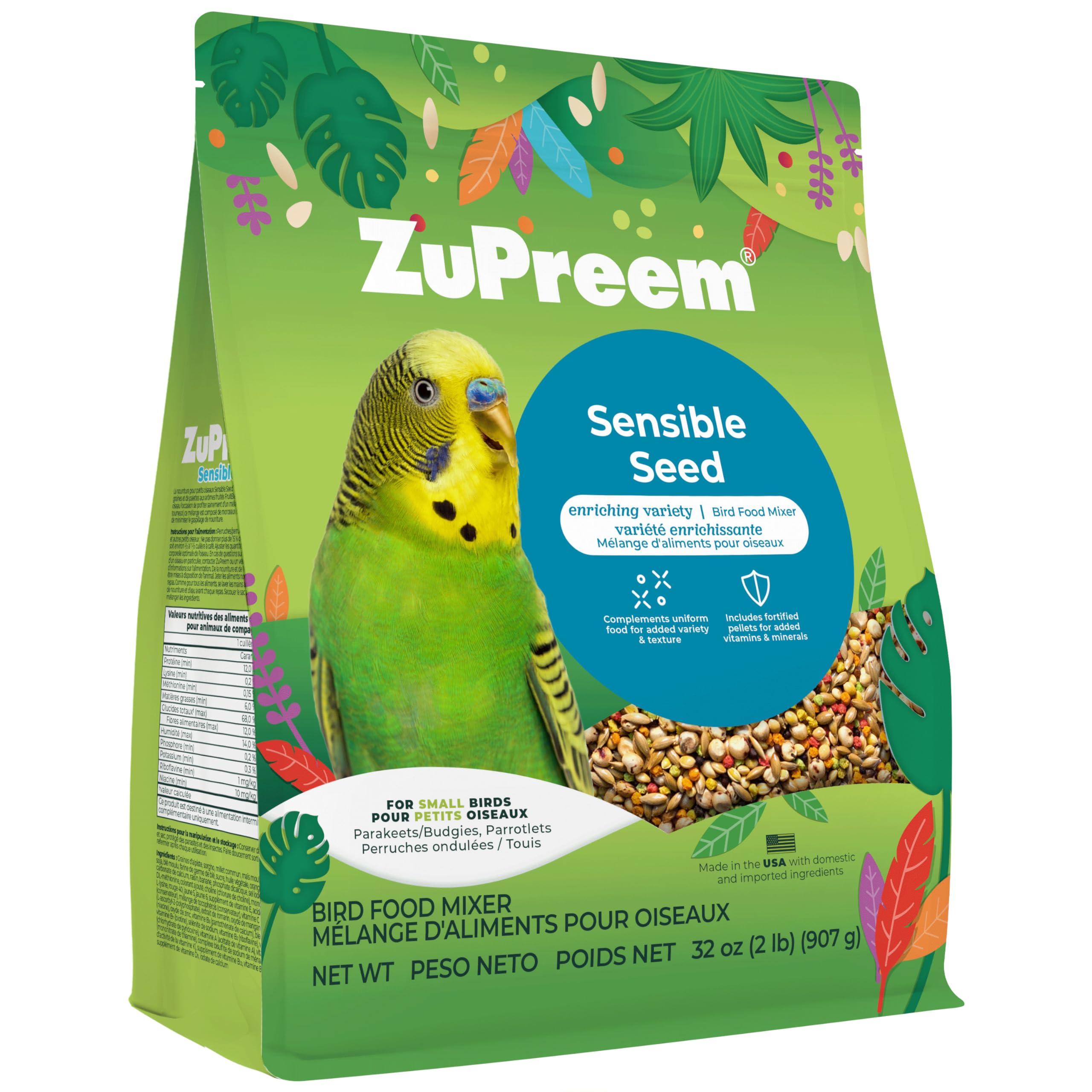 ZuPreem Sensible Seed Bird Food for Small, Medium and Large Birds, Parrots & Conures | Premium Blend of Seeds and FruitBlend Pellets | Made in The USA