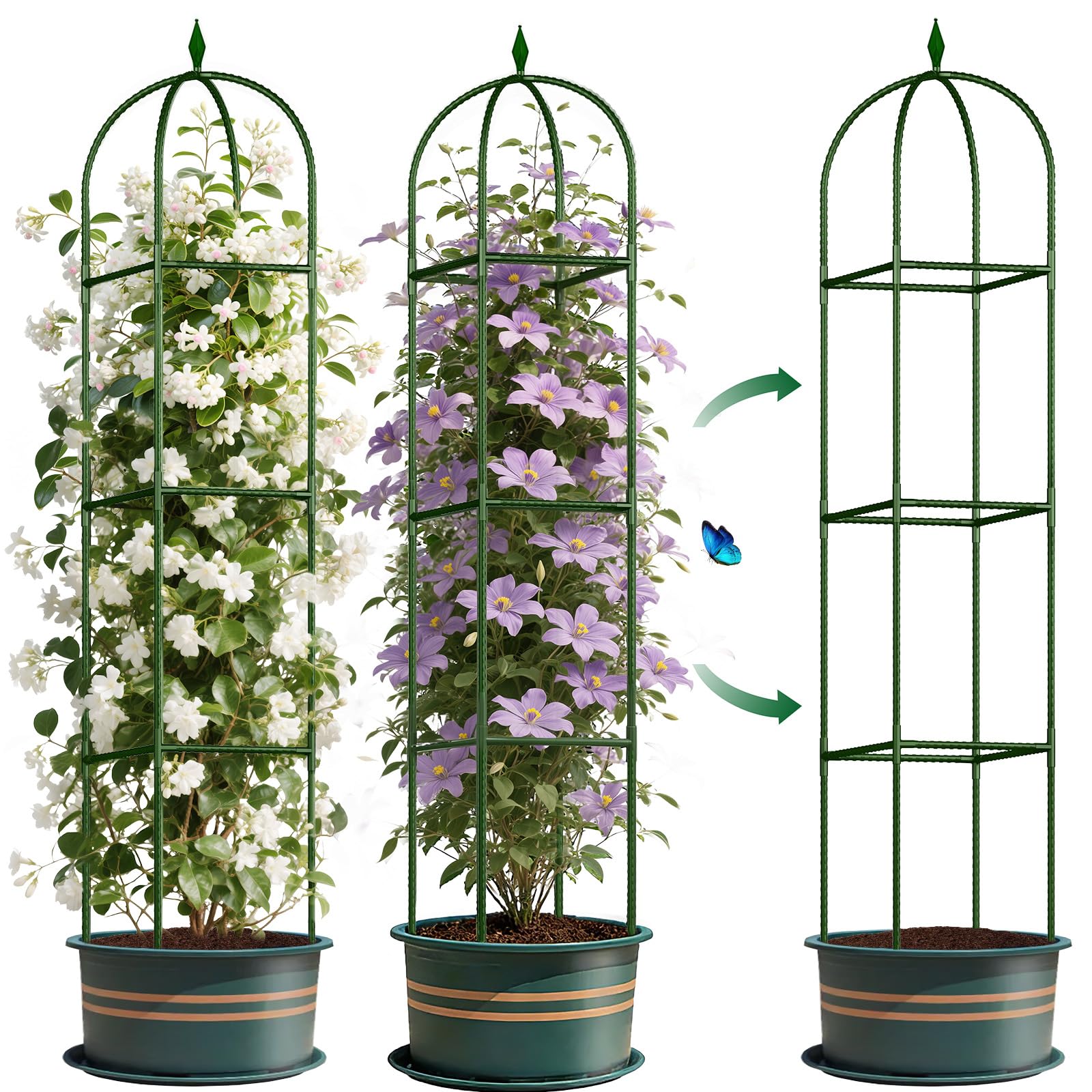 Garden Obelisk Trellis for Climbing Plants Outdoor, Tomato Cage, Rose, Flowers, Grape, Pea, Cucumber Trellis, Rustproof Plastic Coated Metal Plant Support Trellis for Potted Plants