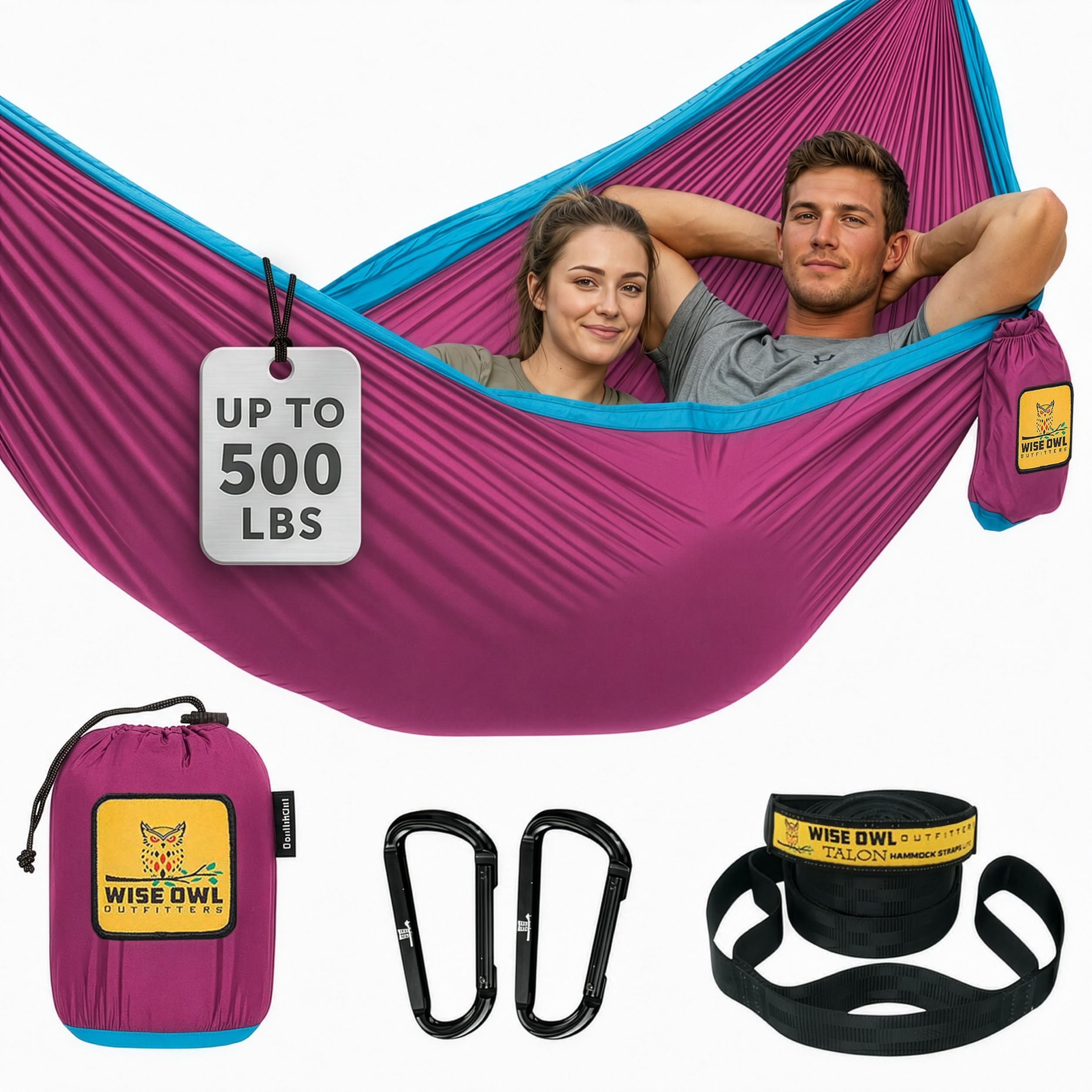 Wise Owl Outfitters Camping Hammock – 500lbs Portable Hammock with Tree Straps - Travel, Backpacking, Hiking, Outdoors Camping Gear - Single or Double