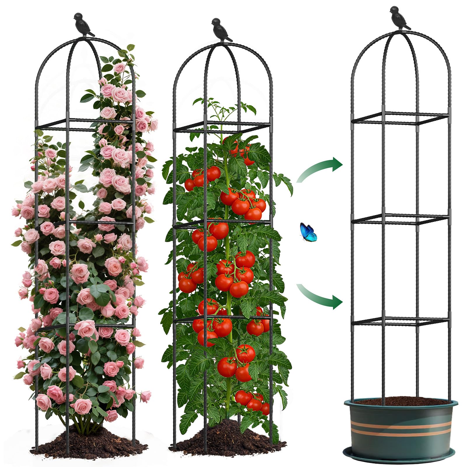 Garden Obelisk Trellis for Climbing Plants Outdoor, Tomato Cage, Rose, Flowers, Grape, Pea, Cucumber Trellis, Rustproof Plastic Coated Metal Plant Support Trellis for Potted Plants