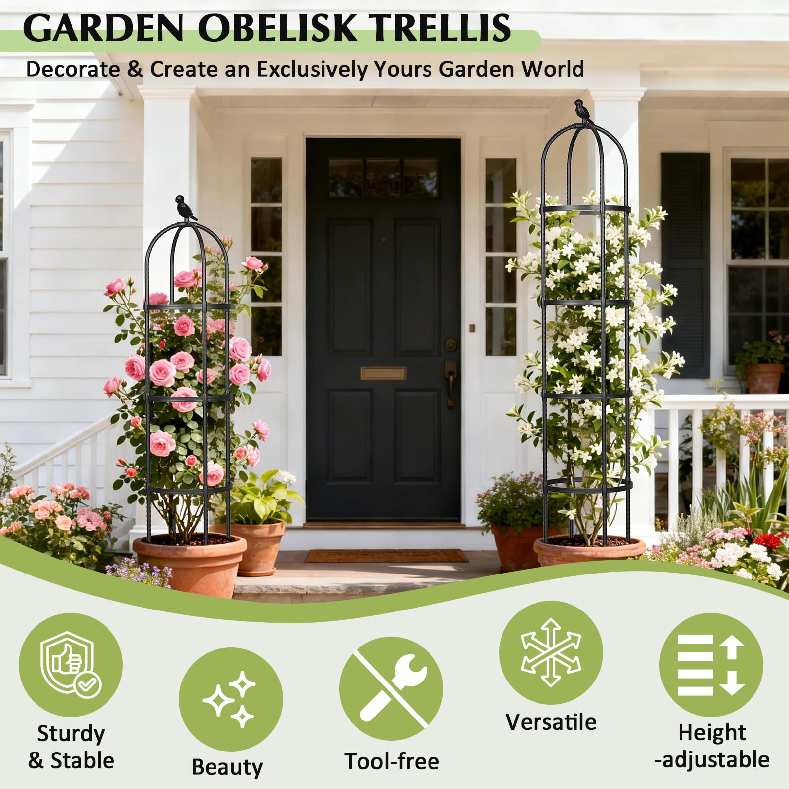 Garden Obelisk Trellis for Climbing Plants Outdoor, Tomato Cage, Rose, Flowers, Grape, Pea, Cucumber Trellis, Rustproof Plastic Coated Metal Plant Support Trellis for Potted Plants