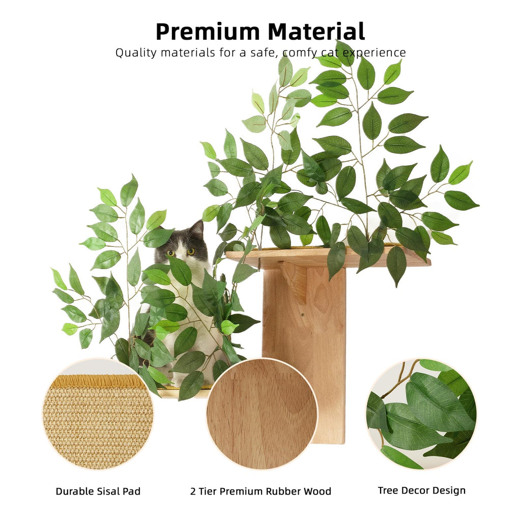 Meowoou Cat Wall Shelves with Leaves, 2 Platform Cat Wall Furniture, Cat Tree Shelves, Rubber Wood Wall Perch with Mat, Bridge for Climb, Nap, Play, Decor