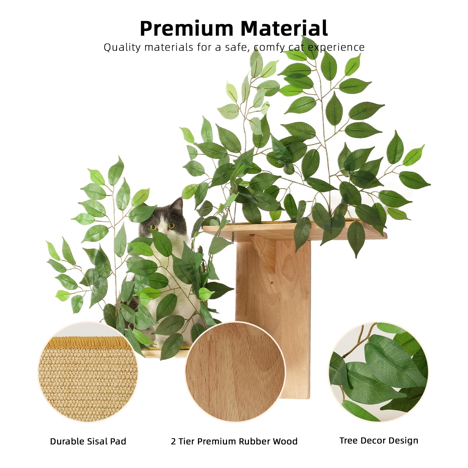 Meowoou Cat Wall Shelves with Leaves, 2 Platform Cat Wall Furniture, Cat Tree Shelves, Rubber Wood Wall Perch with Mat, Bridge for Climb, Nap, Play, Decor