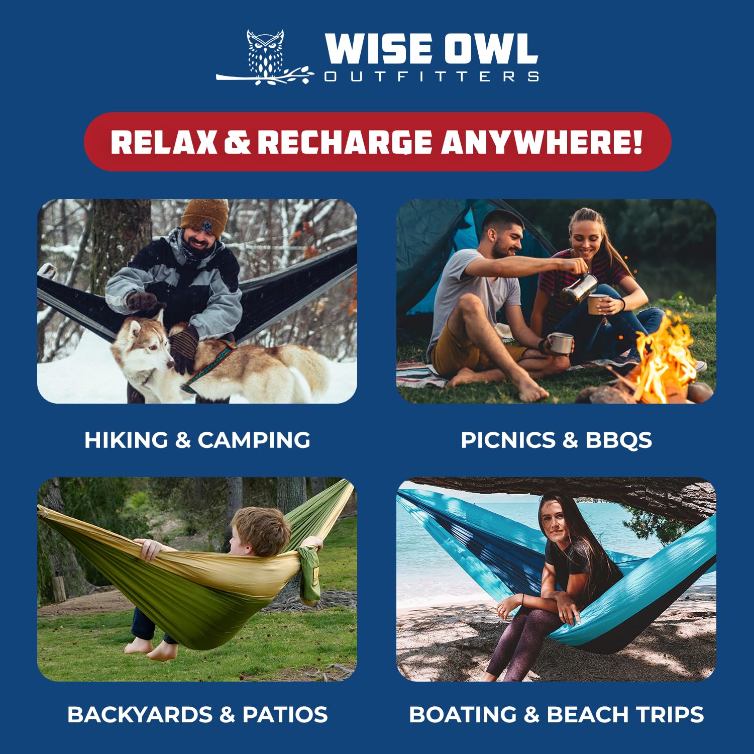 Wise Owl Outfitters Camping Hammock – 500lbs Portable Hammock with Tree Straps - Travel, Backpacking, Hiking, Outdoors Camping Gear - Single or Double