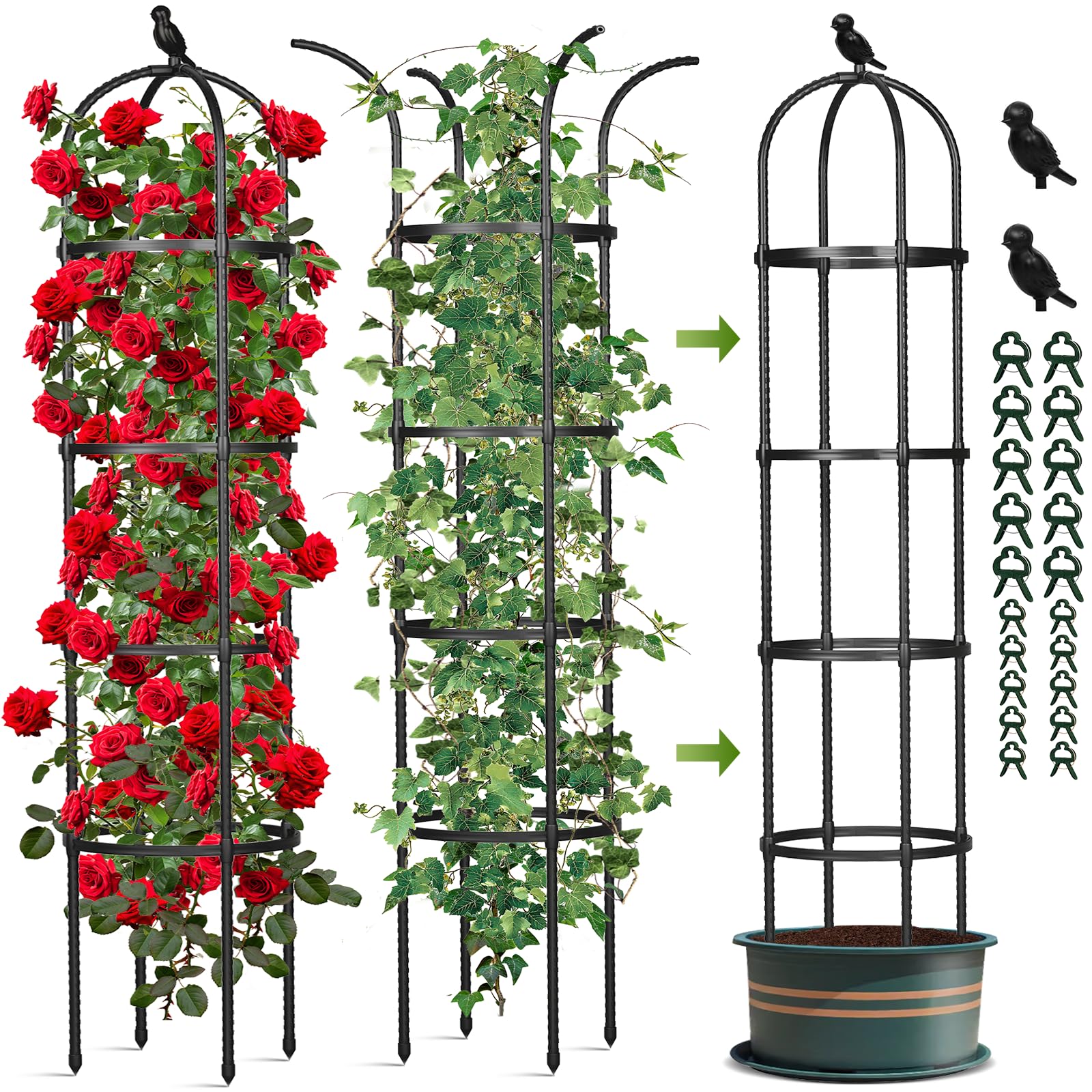 Garden Obelisk Trellis for Climbing Plants Outdoor, Tomato Cage, Rose, Flowers, Grape, Pea, Cucumber Trellis, Rustproof Plastic Coated Metal Plant Support Trellis for Potted Plants