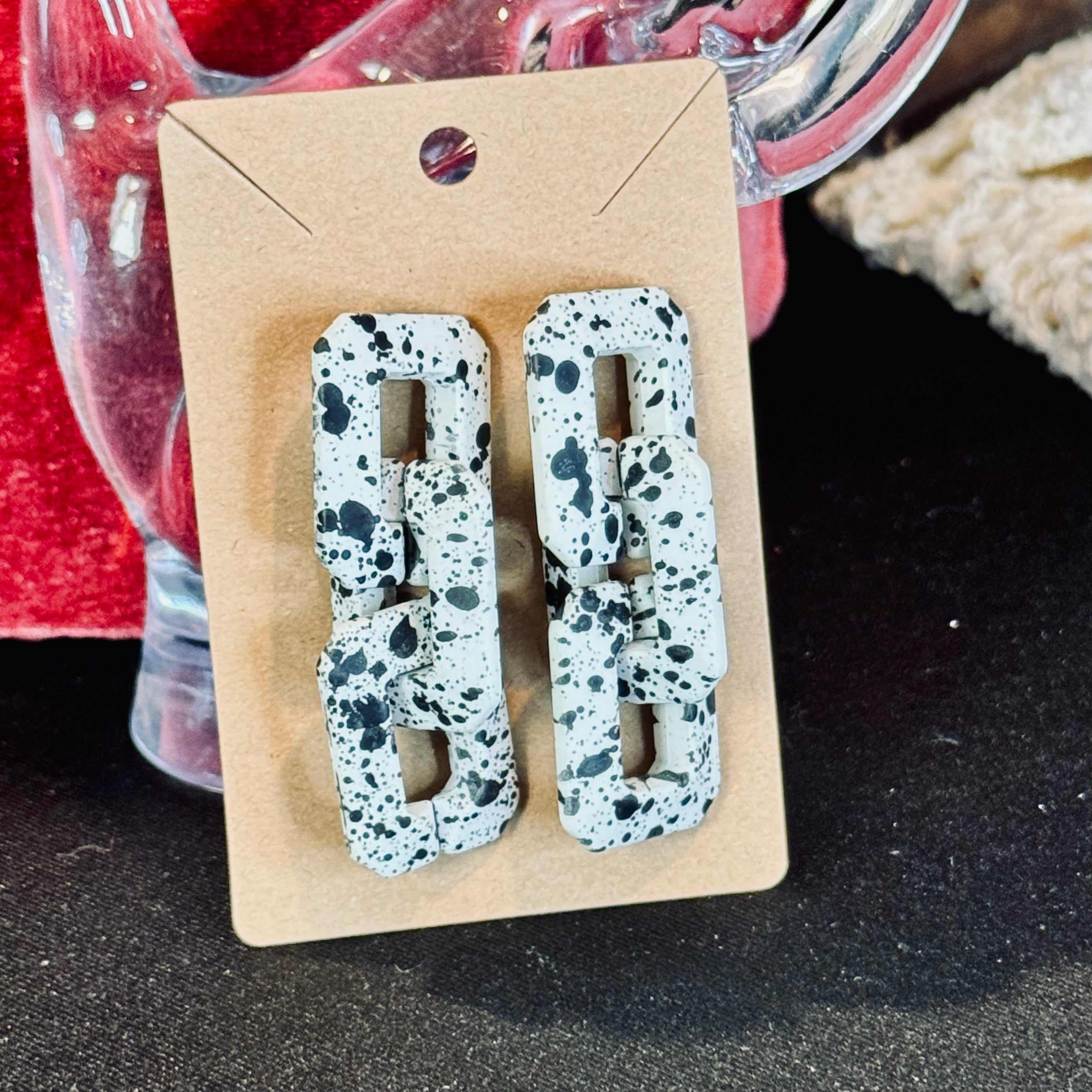 Retro Monochrome Geometric Link Statement Earrings – Dalmatian Speckle Matte Finish