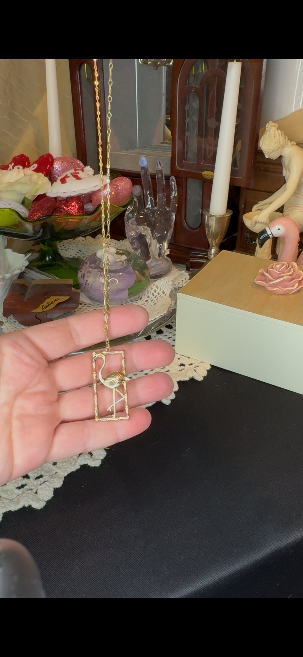 Canvas Style Gold Tone Flamingo Bamboo Frame Pendant Necklace: Tropical Chic