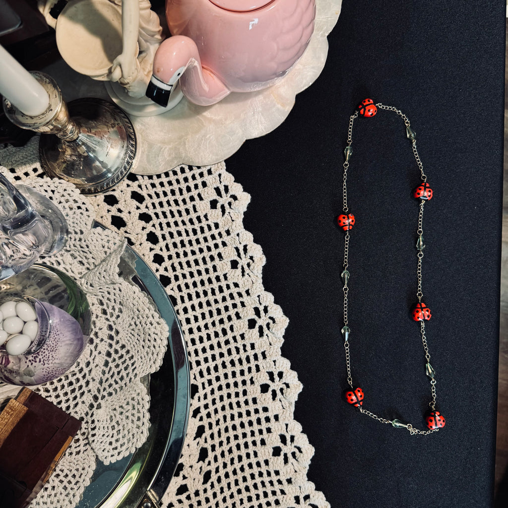 Whimsical Upcycled Ladybug Chain Necklace – Red and Black Hand-Painted Novelty Jewelry