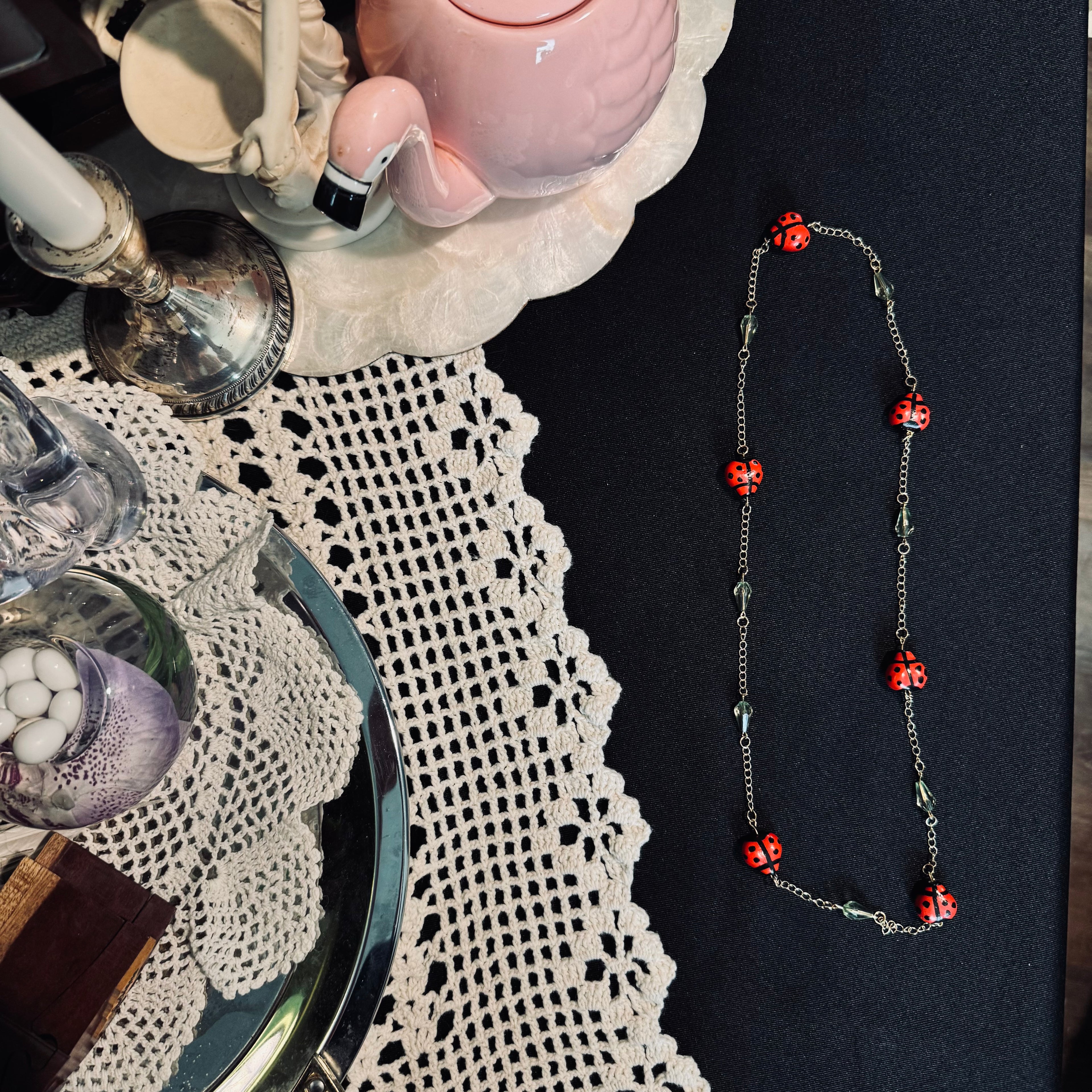 Whimsical Upcycled Ladybug Chain Necklace – Red and Black Hand-Painted Novelty Jewelry