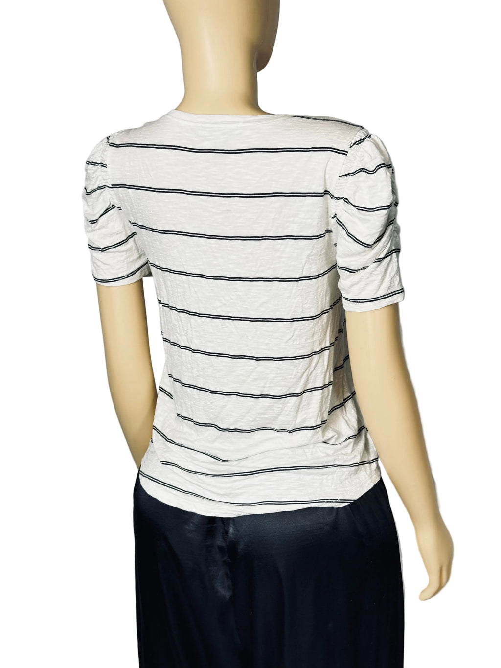 A short-sleeve crewneck t-shirt with thin horizontal navy stripes on a white heathered fabric, displayed on a female mannequin from the back.