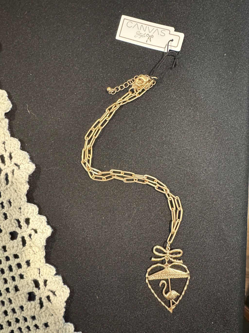Canvas Style Gold Flamingo Heart Charm Link Necklace