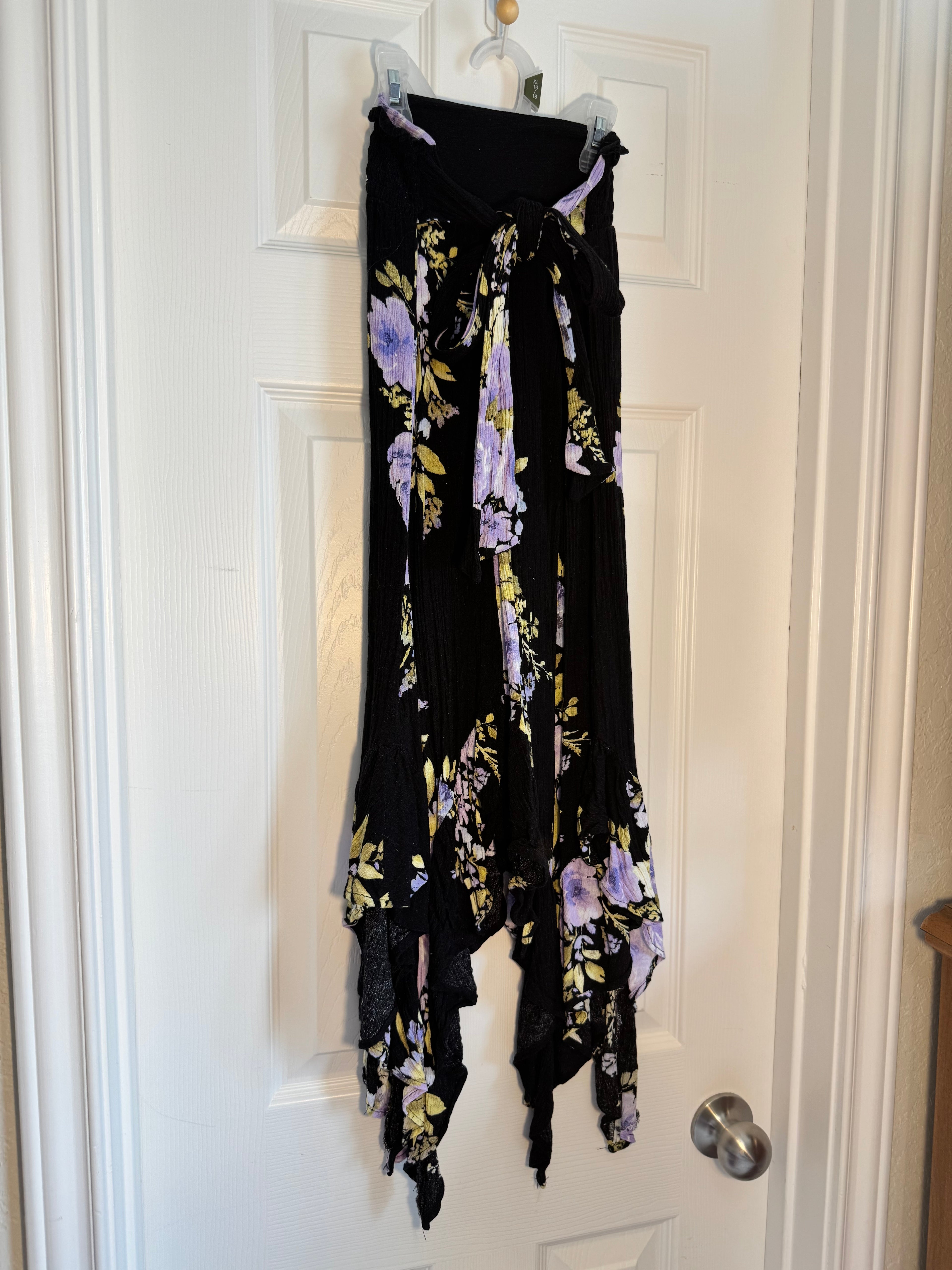 Madeline & Monroe Floral Hanker-chief Hem MaxiSkirt Black Purple Yellow Smocked Skirt