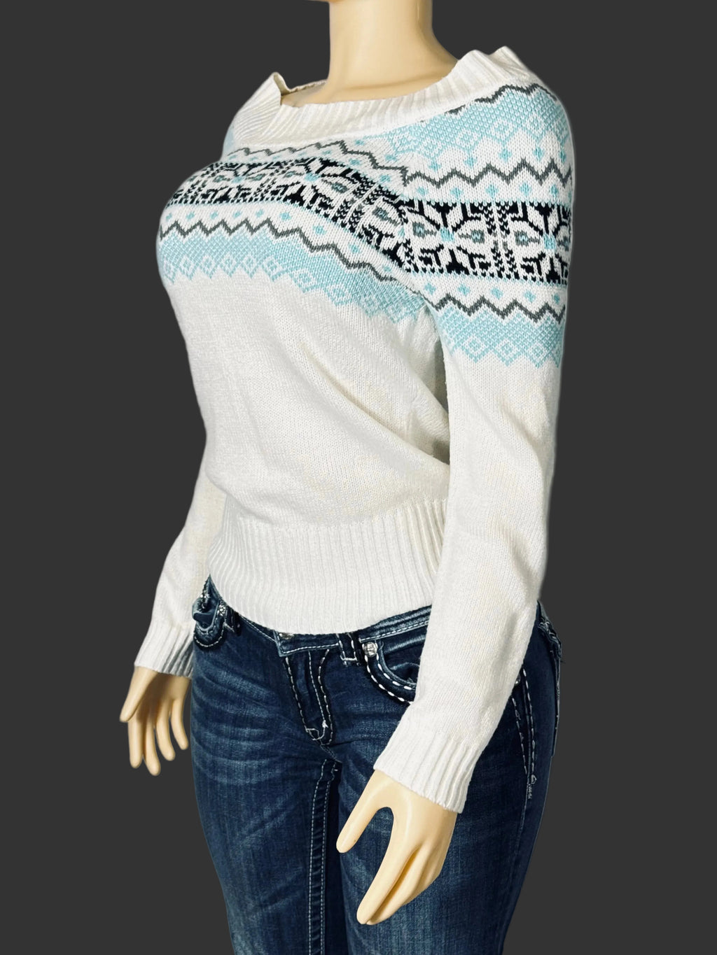 Vintage Y2K OP Sweater Women's M White Blue and Black Geometric Weave Pre Owned
