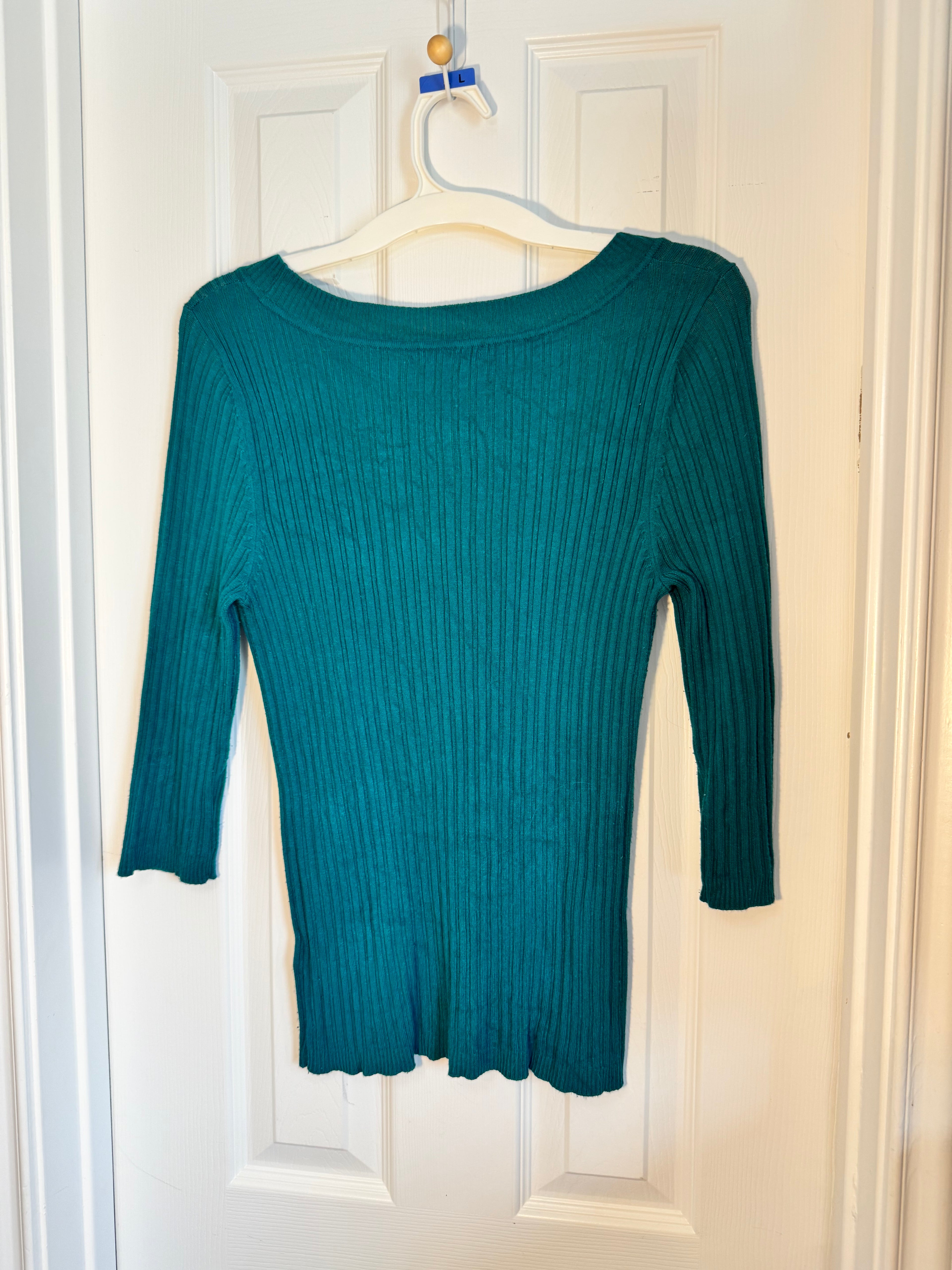 George Teal Blue Ribbed Knit Top: Scoop Neck 3/4 Sleeve Fitted Sweater, Medium